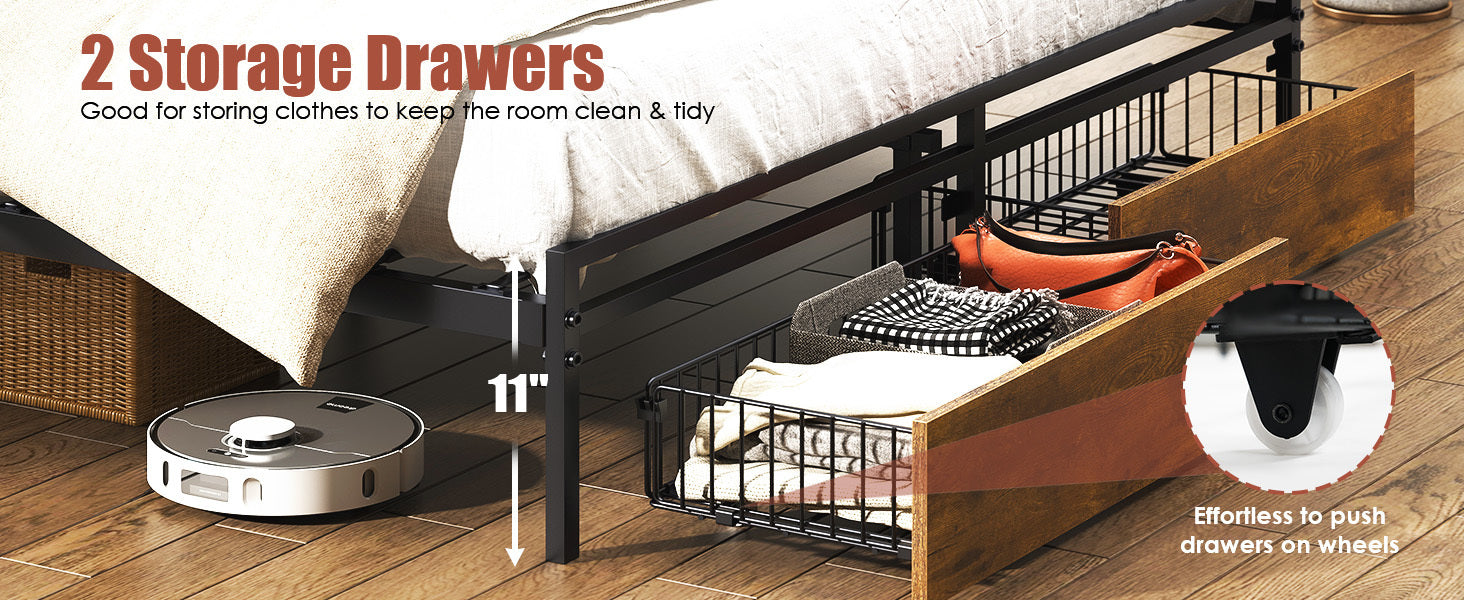 HAOYYE Twin Size Upholstered Platform Bed Frame with Storage Drawers, USB Ports, LED Lights, and Wingback Headboard, Rustic Brown, Sturdy Space-Saving Design, Heavy Duty Construction, Modern Stylish Home Furniture