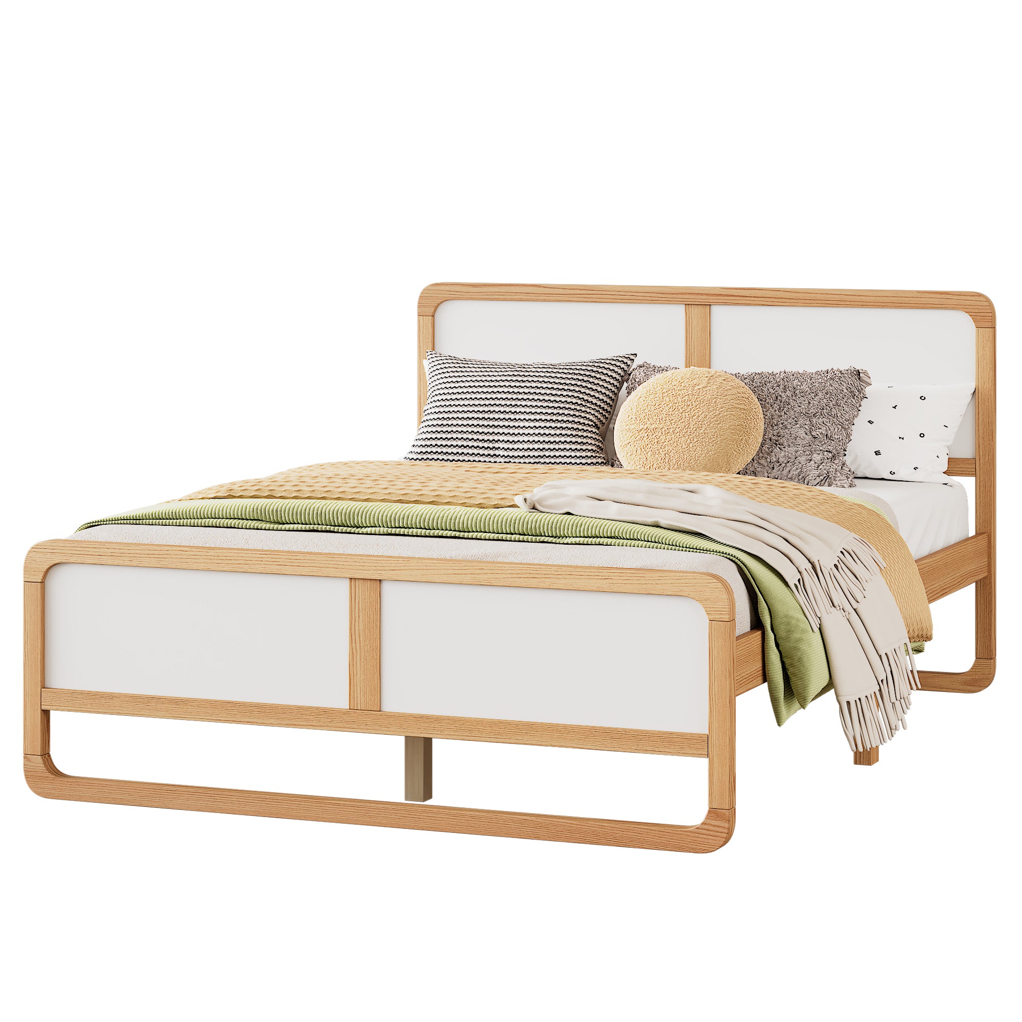 HAOYYE Modern Style Queen Size Solid Wood Platform Bed for , Teens, Adults, No Need Box Spring, Walnut and White Sturdy Space-Saving Heavy Duty Modern Design Dorm Room Easy Assembly Bedroom Furniture