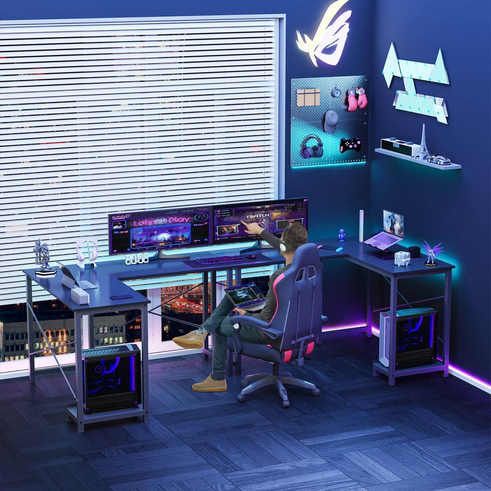 Haoyye L Shaped Gaming Desk, Modern Corner Computer Desk with Side Storage Bag and CPU Tray, Modular Design for U or L Shape Setup, Sturdy Metal Frame Workstation for Home Office, Space-Saving and Easy to Assemble Versatile Gaming Table