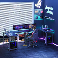 Haoyye L Shaped Gaming Desk, Modern Corner Computer Desk with Side Storage Bag and CPU Tray, Modular Design for U or L Shape Setup, Sturdy Metal Frame Workstation for Home Office, Space-Saving and Easy to Assemble Versatile Gaming Table