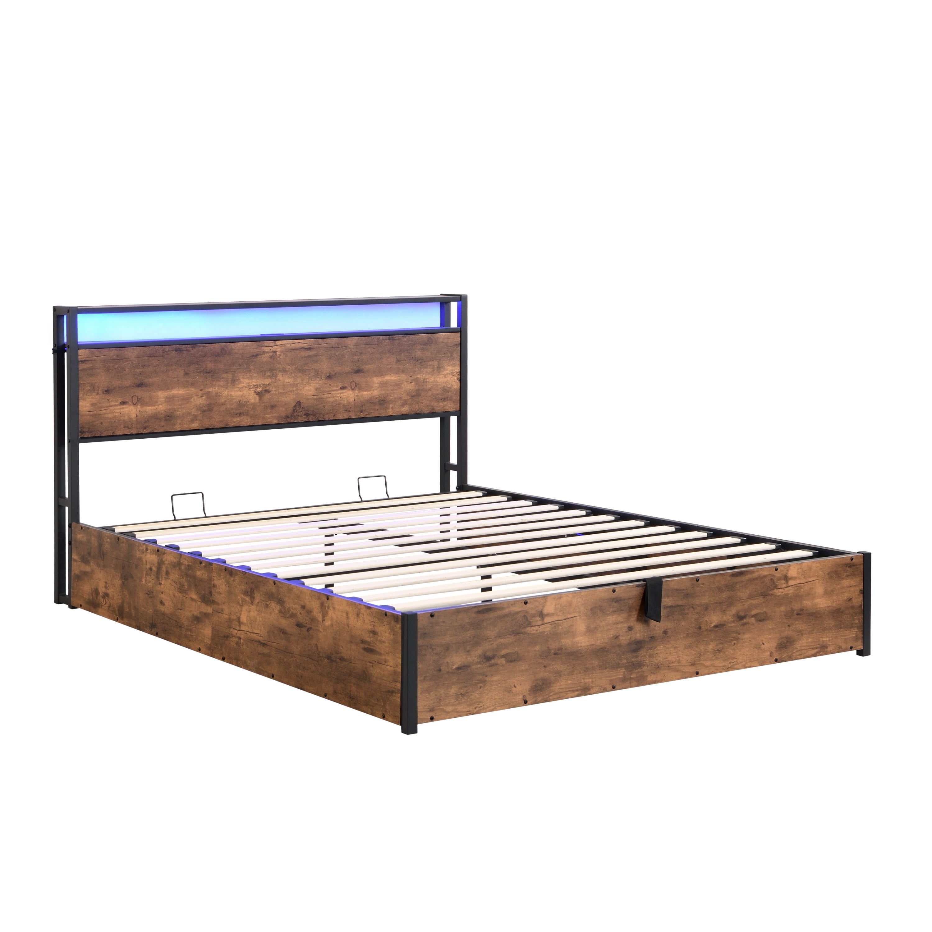 HAOYYE Lift-up Storage Bed Frame, Queen Size Bed Frame with Bookcase Headboard & LED Lights, Wooden Platform Bed Frame with Charging Station, No Spring Box Needed, Rustic Brown Sturdy Space-Saving Heavy Duty