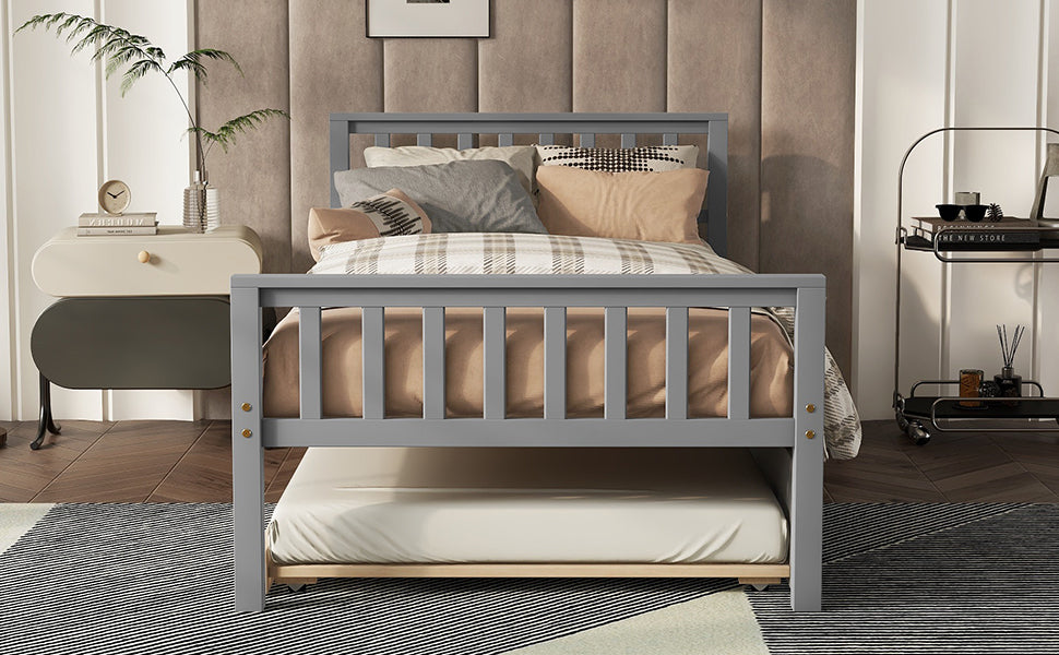 HAOYYE Twin Bed with Trundle, Platform Bed Frame with Headboard and Footboard, for Bedroom Small Living Space,No Box Spring Needed,Grey(Old SKU:W50422210) Sturdy Space-Saving Heavy Duty Modern Design