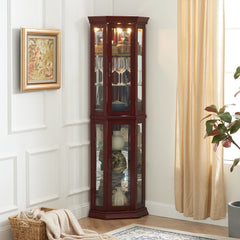 HAOYYE Corner Curio Cabinet with Built-In Lights, Adjustable Tempered Glass Shelves, Mirrored Back Panel, Modern Display Cabinet, Cherry Finish, Sturdy and Space-Saving Design, Ideal for Living Room or Dining Room