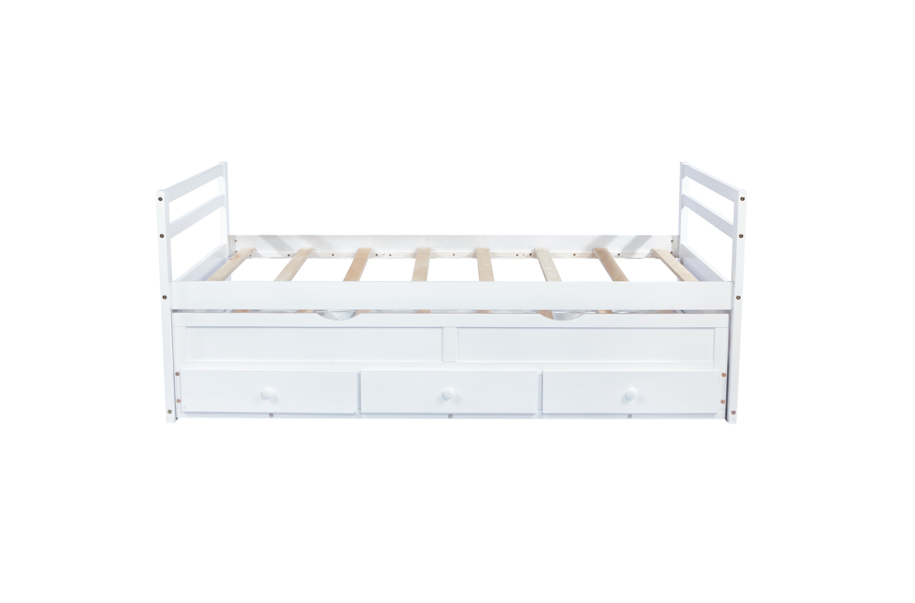 HAOYYE Twin Bed with Headboard, Footboard, Trundle and Storage Drawers, Pine Wood Twin Size Bed, White, Sturdy Space-Saving Heavy Duty Construction, Ideal for Adults and Dorm Rooms