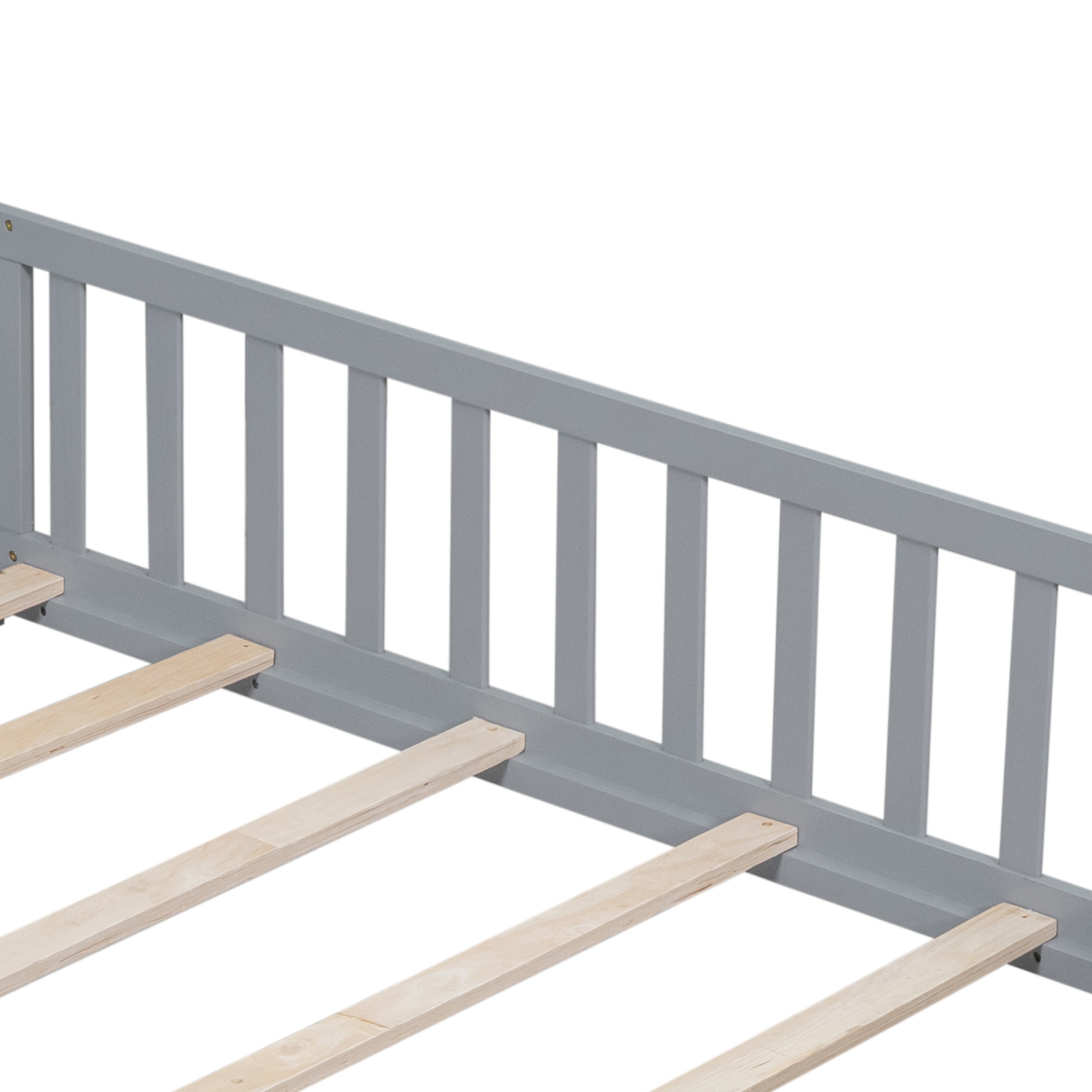 HAOYYE Full Size Floor Platform Bed with Fence and Door for , Montessori Floor Bed Frame with Support Slats for Toddlers, Wooden Floor Bed Grey Sturdy Space-Saving Heavy Duty Modern Design Adults