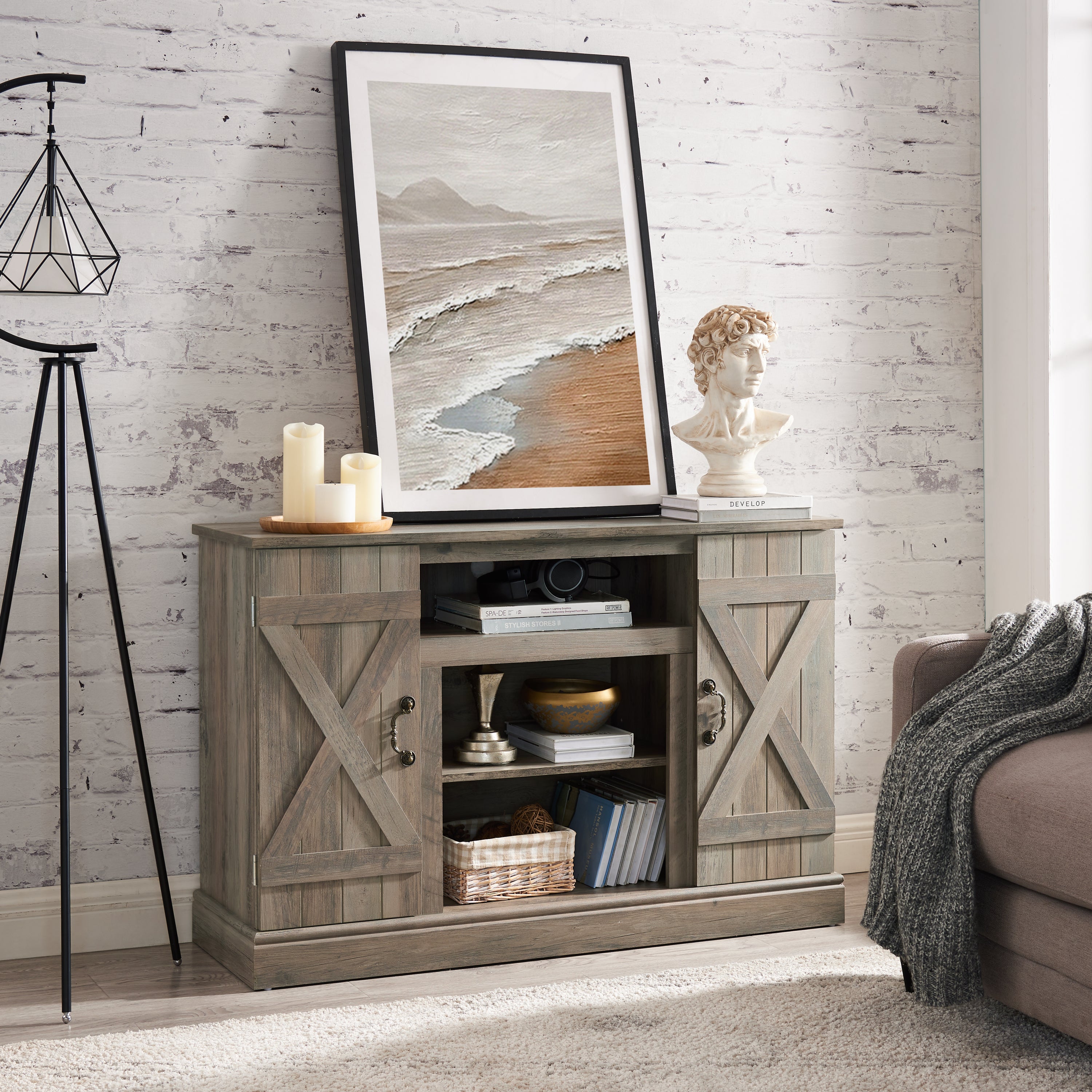 HAOYYE Farmhouse Classic Media TV Stand Antique Entertainment Console for TV up to 50" with Open and Closed Storage Space, Gray Wash, 47"W*15.5"D*30.75"H Sturdy Space-Saving Heavy Duty Modern Design