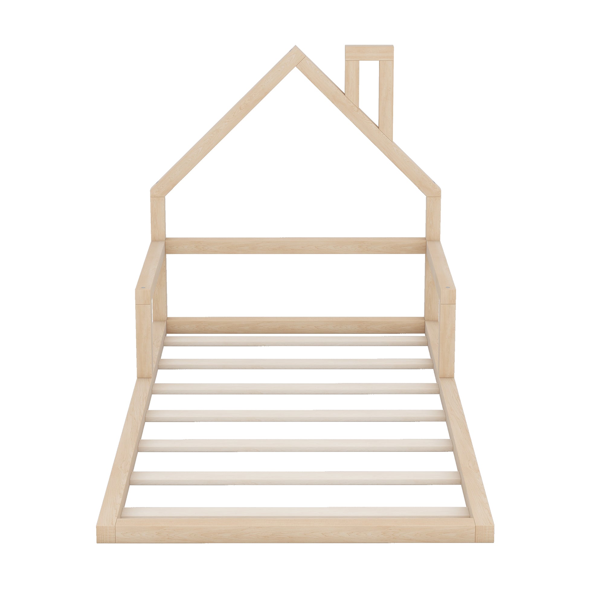 HAOYYE Twin Size Wood Floor Bed with House-shaped Headboard, Natural Sturdy Space-Saving Heavy Duty Modern Design Adults Dorm Room Easy Assembly Bedroom Furniture