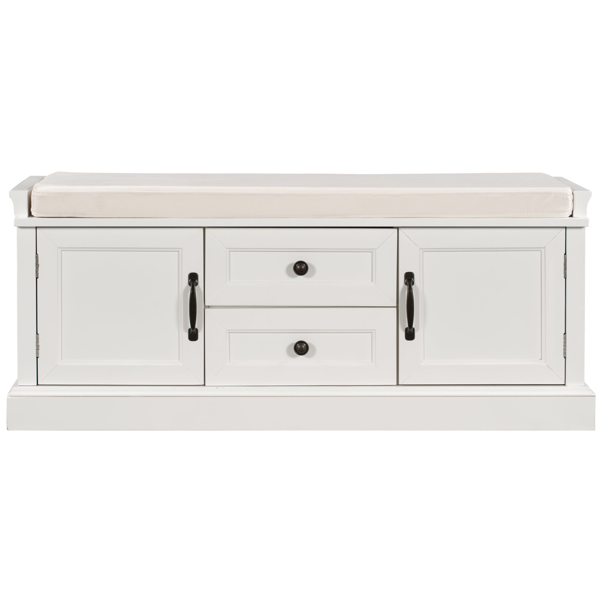 HAOYYE Storage Bench with 2 Drawers and Cabinets, Shoe Bench with Removable Cushion for Living Room, Entryway, Sturdy Space-Saving Heavy Duty Modern Design, White, Easy Assembly for Adults and Dorm Rooms