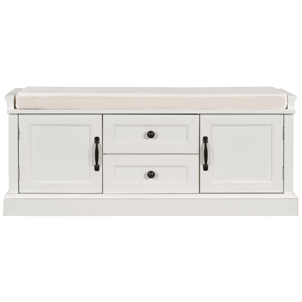HAOYYE Storage Bench with 2 Drawers and Cabinets, Shoe Bench with Removable Cushion for Living Room, Entryway, Sturdy Space-Saving Heavy Duty Modern Design, White, Easy Assembly for Adults and Dorm Rooms