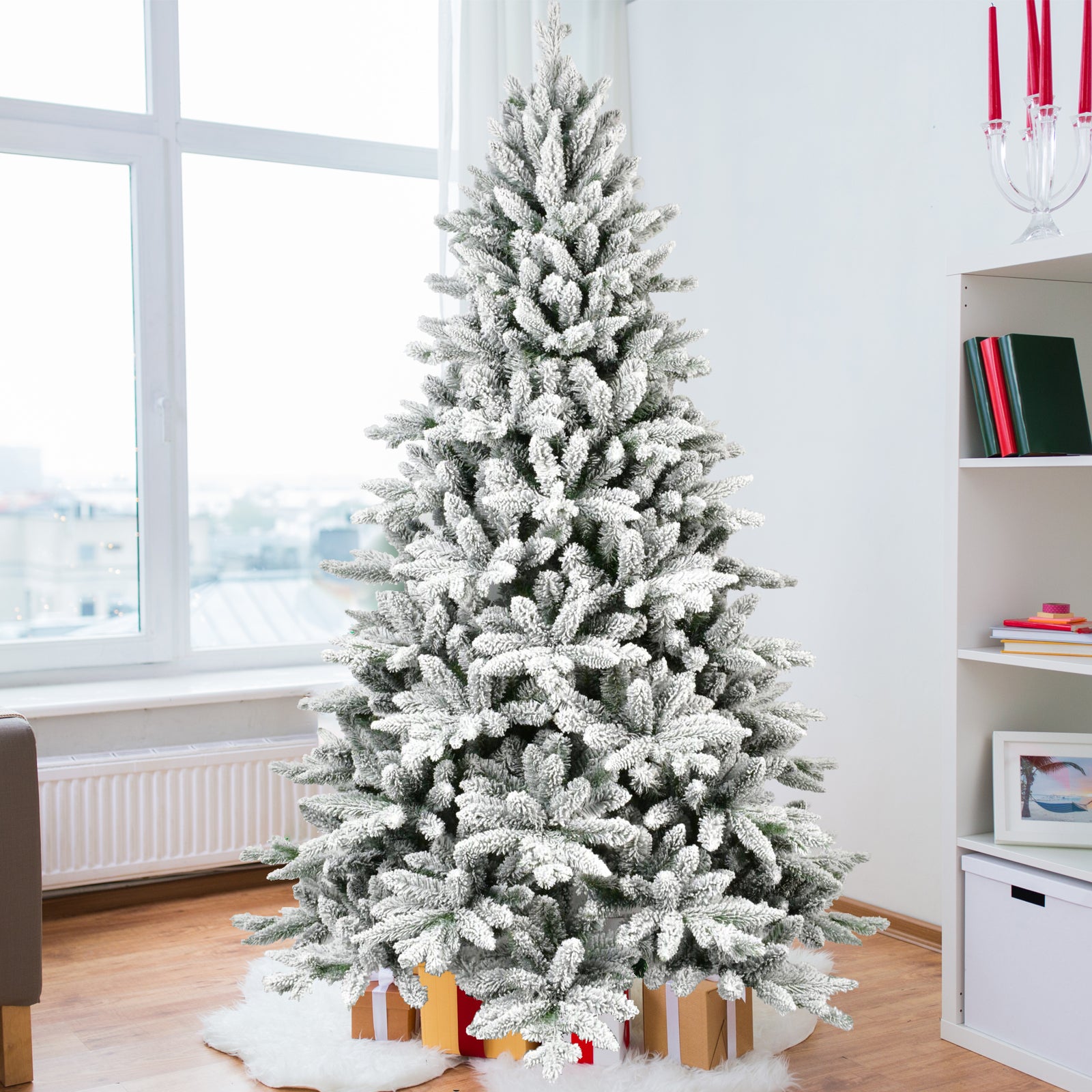 HAOYYE 6FT PE&PVC Flocked Artificial Christmas Tree ,With 1100 branch tips and metal stand,Foldable Fake Tree with Realistic Snowy Foliage for Home Decoration Sturdy Space-Saving Heavy Duty Modern Design