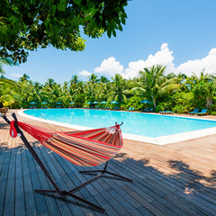 HAOYYE Portable Outdoor Hammock Set with Durable Polyester Fabric and Heavy Duty Steel Stand Ideal for Camping Travel Patio Garden Indoor and Outdoor Use Red