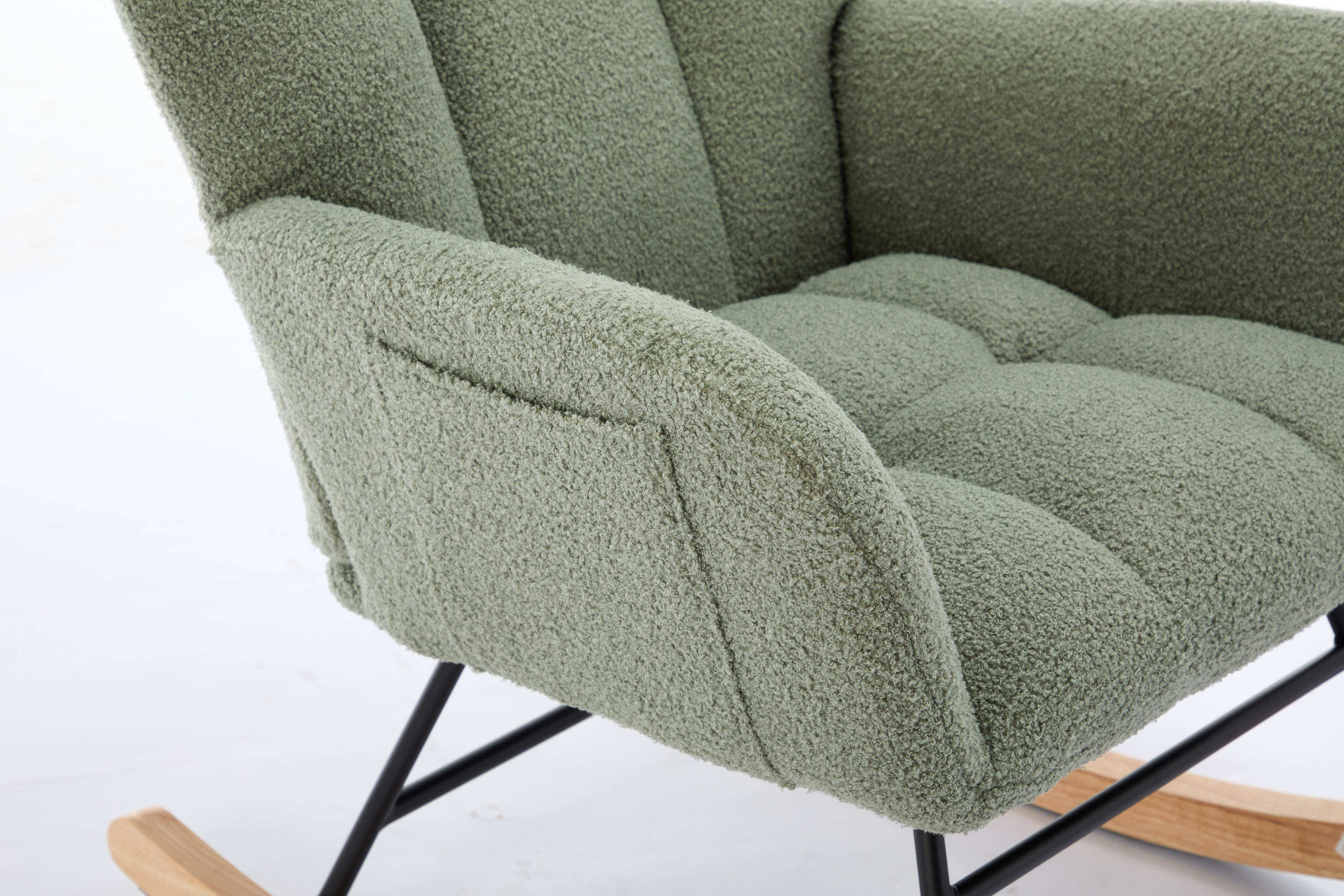Haoyye Modern Upholstered Nursery Rocking Chair with High Backrest, Teddy Fabric Glider Accent Armchair with Solid Wood Legs and Metal Frame, Comfortable Rocker for Bedroom, Living Room or Lounge, Gentle Swing Chair in Green