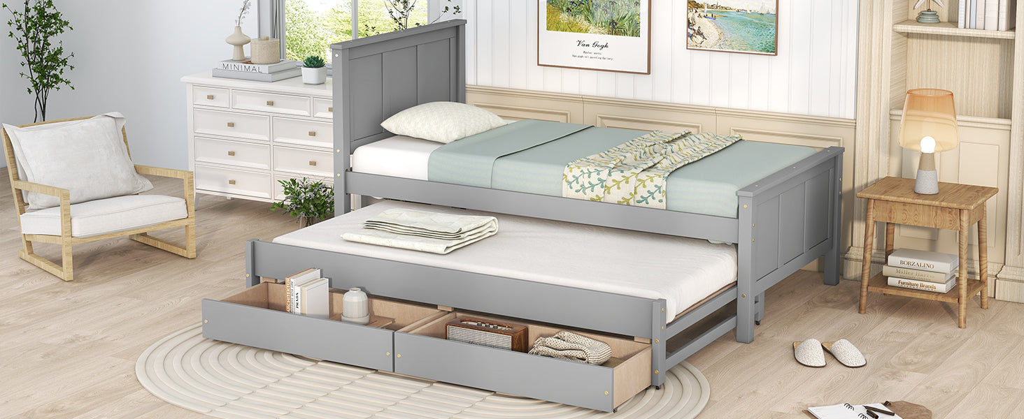 HAOYYE Twin Platform Bed with Trundle and Storage Drawers, Sturdy and Space-Saving Design, Heavy Duty Construction, Ideal for Dorm Rooms and Bedrooms, Easy Assembly, Modern Gray Finish