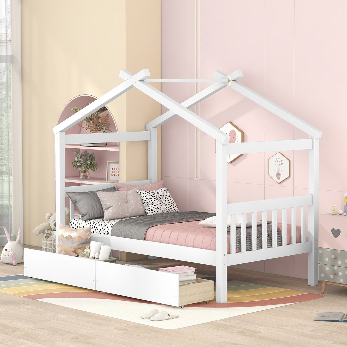 HAOYYE Twin Size Wooden House Bed Frame With Drawers, White, Space-Saving Heavy Duty Modern Design For Adults And Dorm Rooms, Easy Assembly Bedroom Furniture