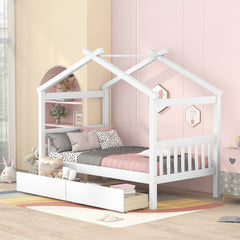 HAOYYE Twin Size Wooden House Bed Frame With Drawers, White, Space-Saving Heavy Duty Modern Design For Adults And Dorm Rooms, Easy Assembly Bedroom Furniture