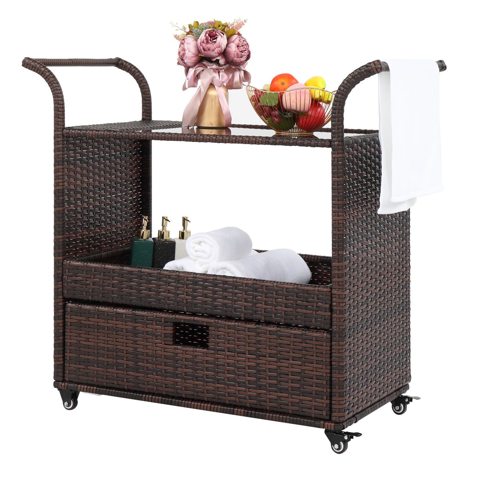 HAOYYE Outdoor Wicker Rattan Bar Cart on Wheels Brown Gradient Rolling Serving Sideboard with Storage for Patio Garden Balcony Party Beverage Station Portable Outdoor Furniture