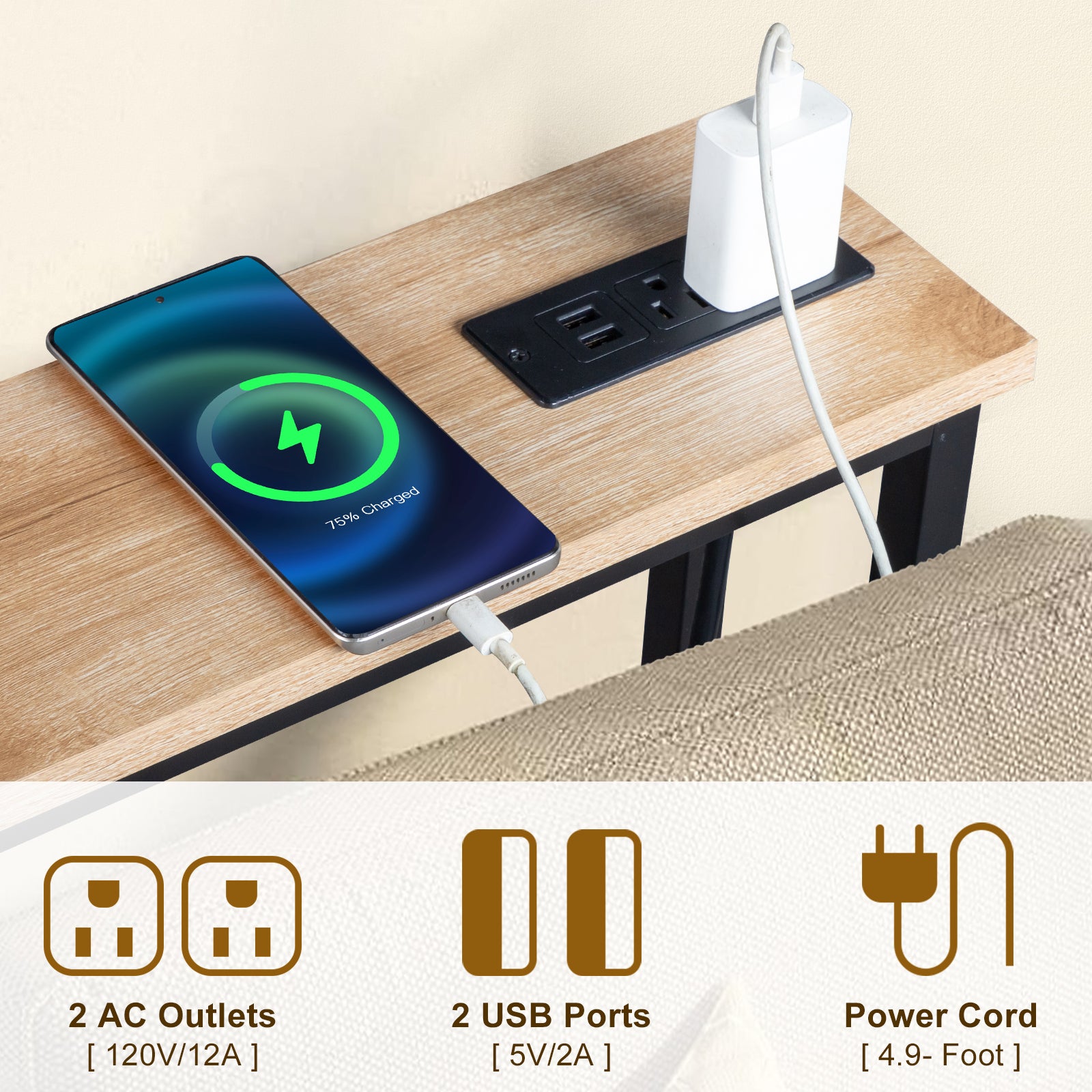 HAOYYE Oak 2 Pack Narrow Console Sofa Tables with Built-In Power Outlets and USB Ports, Long Couch Tables with Sturdy Metal Frame and 4.9ft Extension Cord, Space-Saving Charging Stations for Living Rooms, Dorms, Apartments