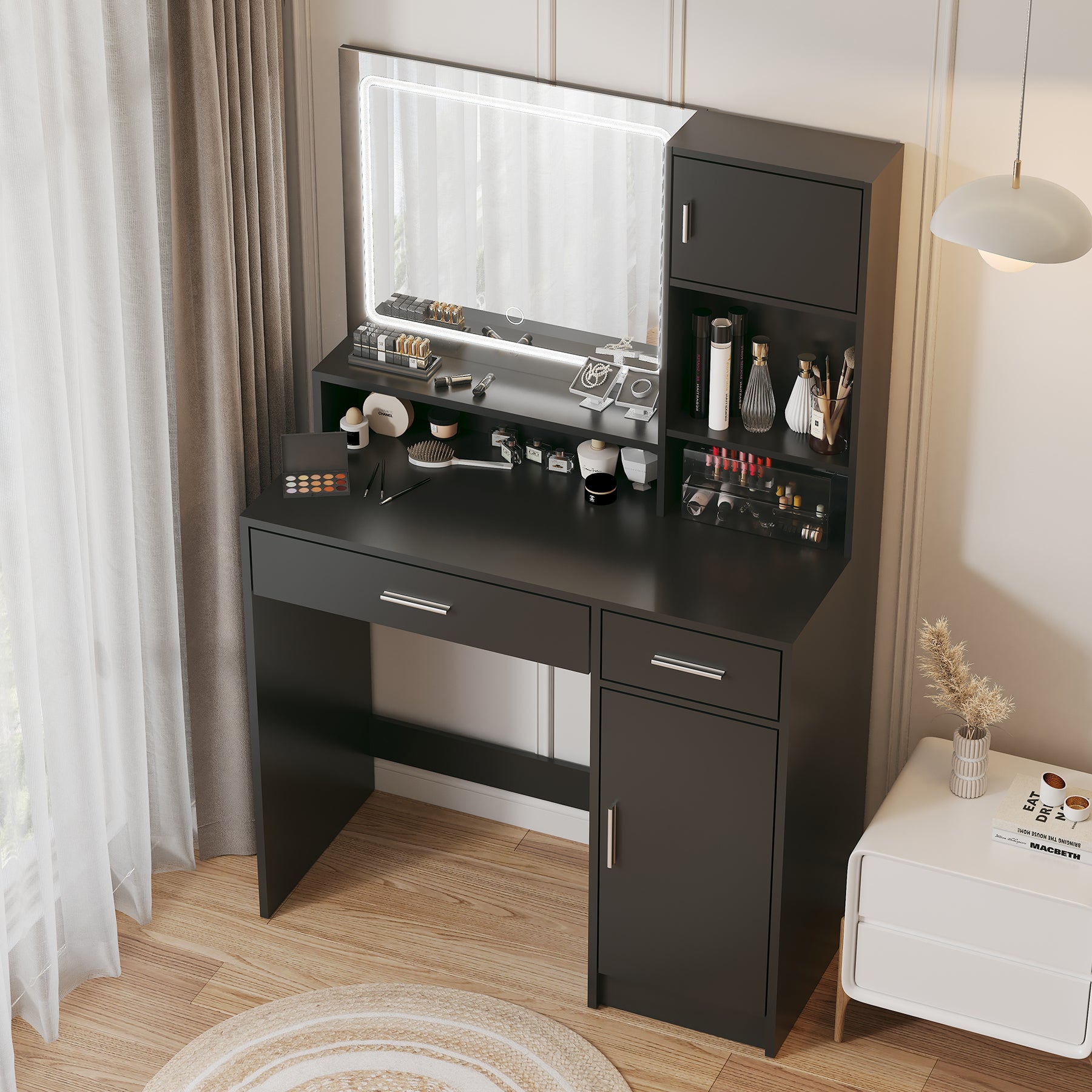 HAOYYE Vanity Desk with Mirror and LED Light Strip, Dressing Table with Large Drawer and Three-Level Storage, Black, Sturdy Space-Saving Design, Adjustable Brightness in Three Lighting Modes, Durable and Stylish Home Furniture