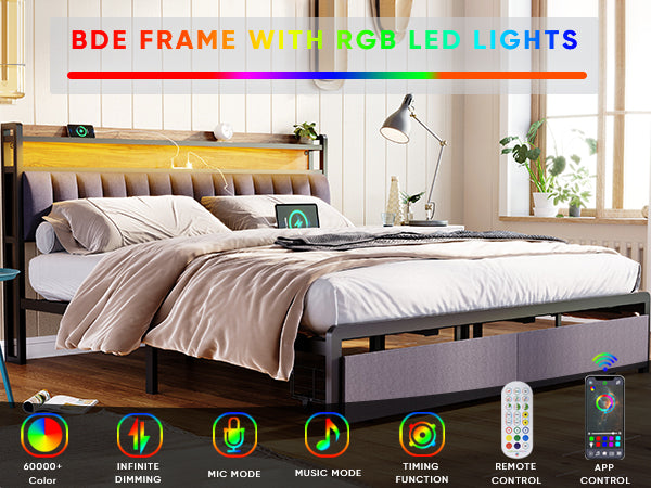 HAOYYE King Bed Frame with Storage Headboard, Drawers, LED Lighting, and Built-in Charging Station, Modern Upholstered Platform Design, Sturdy Space-Saving Grey Construction, No Box Spring Needed, Easy Assembly