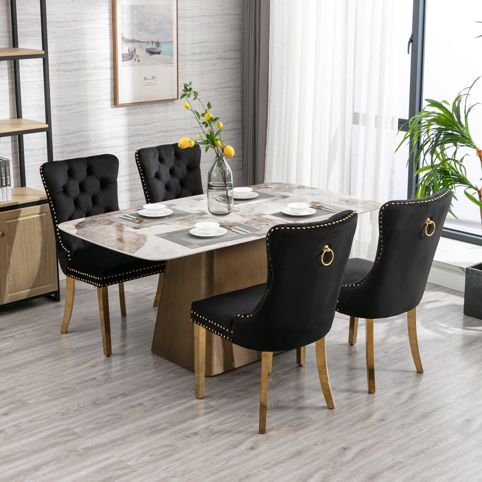 HAOYYE High-end Tufted Solid Wood Contemporary Velvet Upholstered Dining Chair with Golden Stainless Steel Plating Legs,Nailhead Trim,Set of 2，Black and Gold, SW1601BK