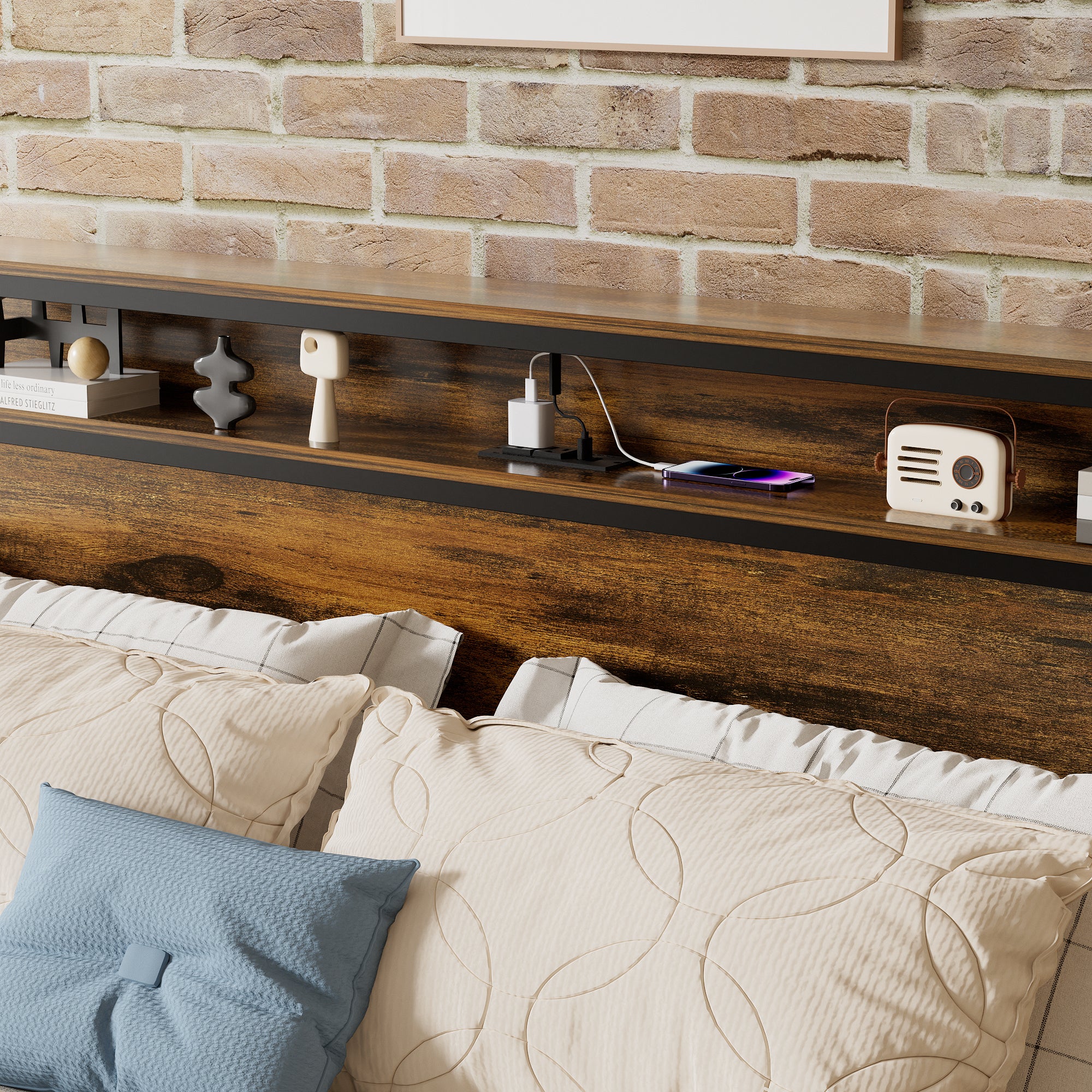 HAOYYE Queen Size Bed Frame, Storage Headboard with LED light, Charging Station, Solid and Stable, Noise Free, No Box Spring Needed, Easy Assembly, Vintage Brown Sturdy Space-Saving Heavy Duty Modern Design