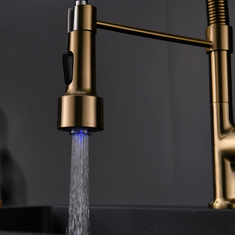 Haoyye Commercial LED Kitchen Faucet with Pull Down Sprayer, Single Handle High Arc Sink Faucet with Stream and Spray Modes, 360° Swivel Spout, Heavy Duty Brass Design, Easy to Install, Modern Space-Saving Fixture for Home, Farmhouse, or RV Kitchen