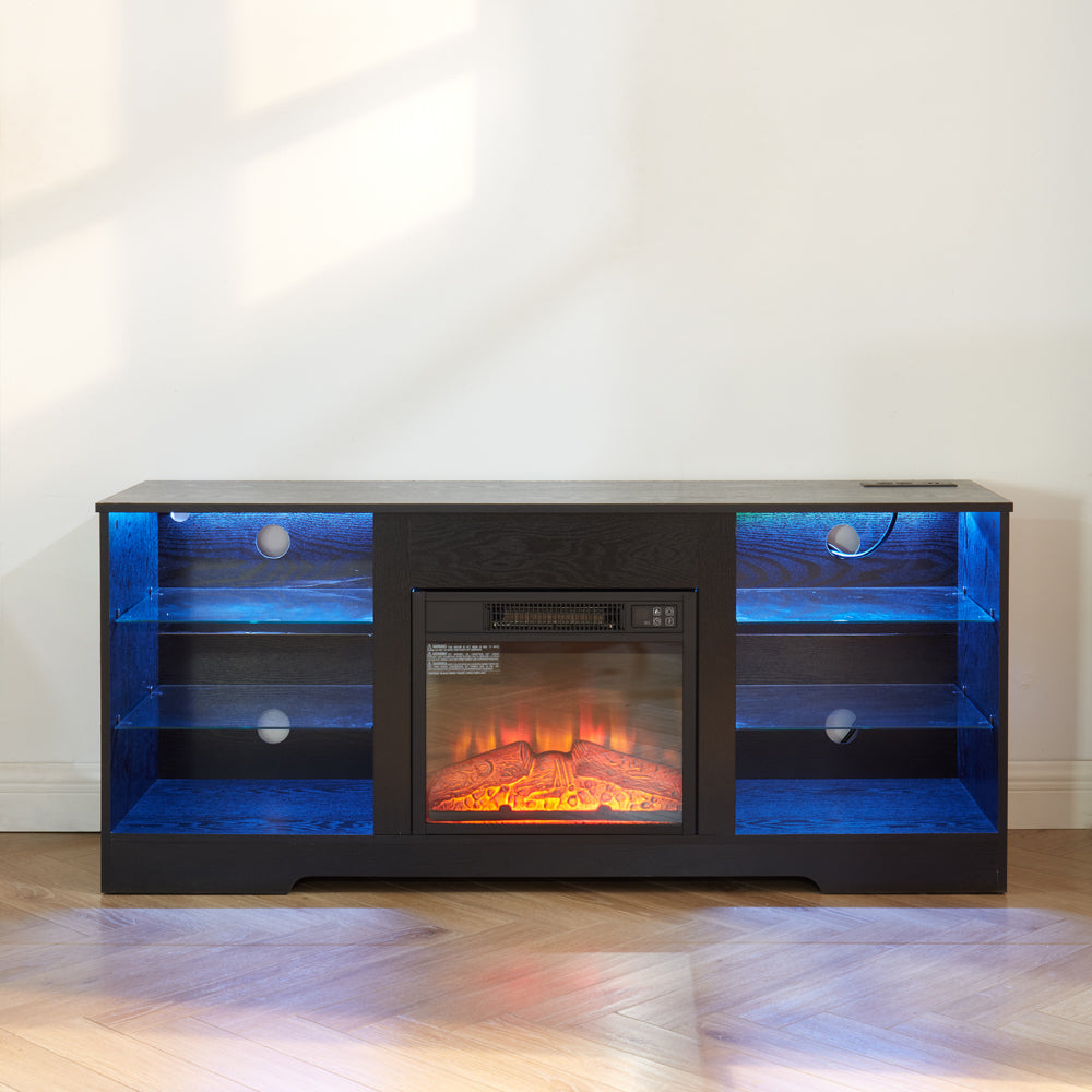 HAOYYE Modern TV Stand With Electric Fireplace, Glass Shelves, 3D Wood Design, LED Lights, And USB Charging Outlet – Entertainment Console Table For TVs From 32 To 62 Inch, Sturdy, Space-Saving Heavy Duty Media Center In Black