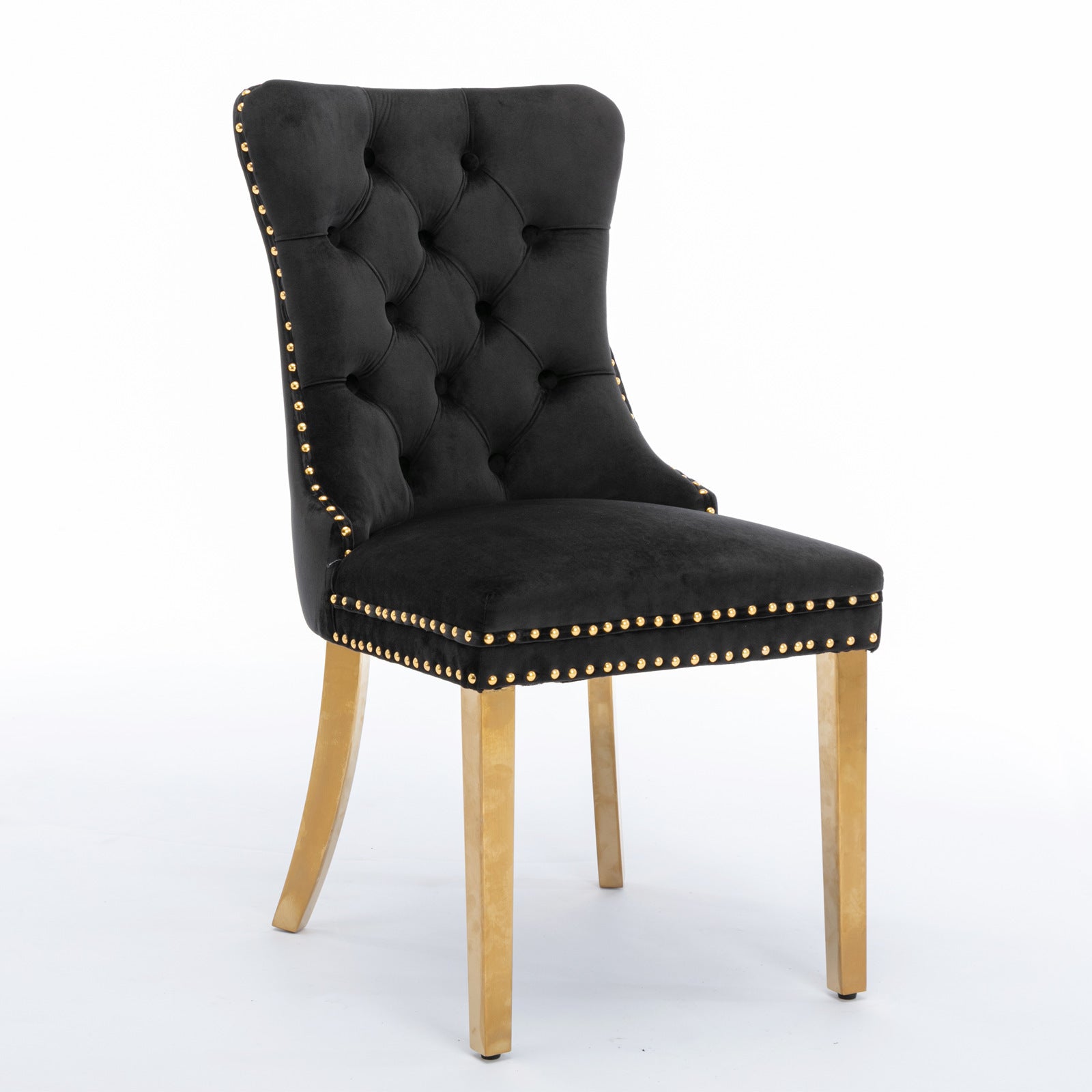HAOYYE High-end Tufted Solid Wood Contemporary Velvet Upholstered Dining Chair with Golden Stainless Steel Plating Legs,Nailhead Trim,Set of 2，Black and Gold, SW1601BK
