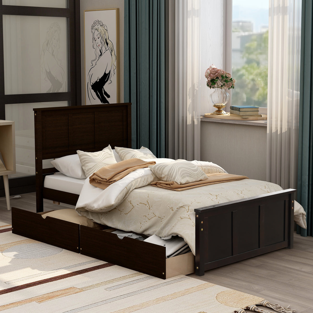 HAOYYE Platform Storage Bed, Twin Size Frame with Two Drawers on Wheels, Espresso, Sturdy Space-Saving Design, Heavy Duty Construction, Easy Assembly, Durable and Stylish Home Furniture