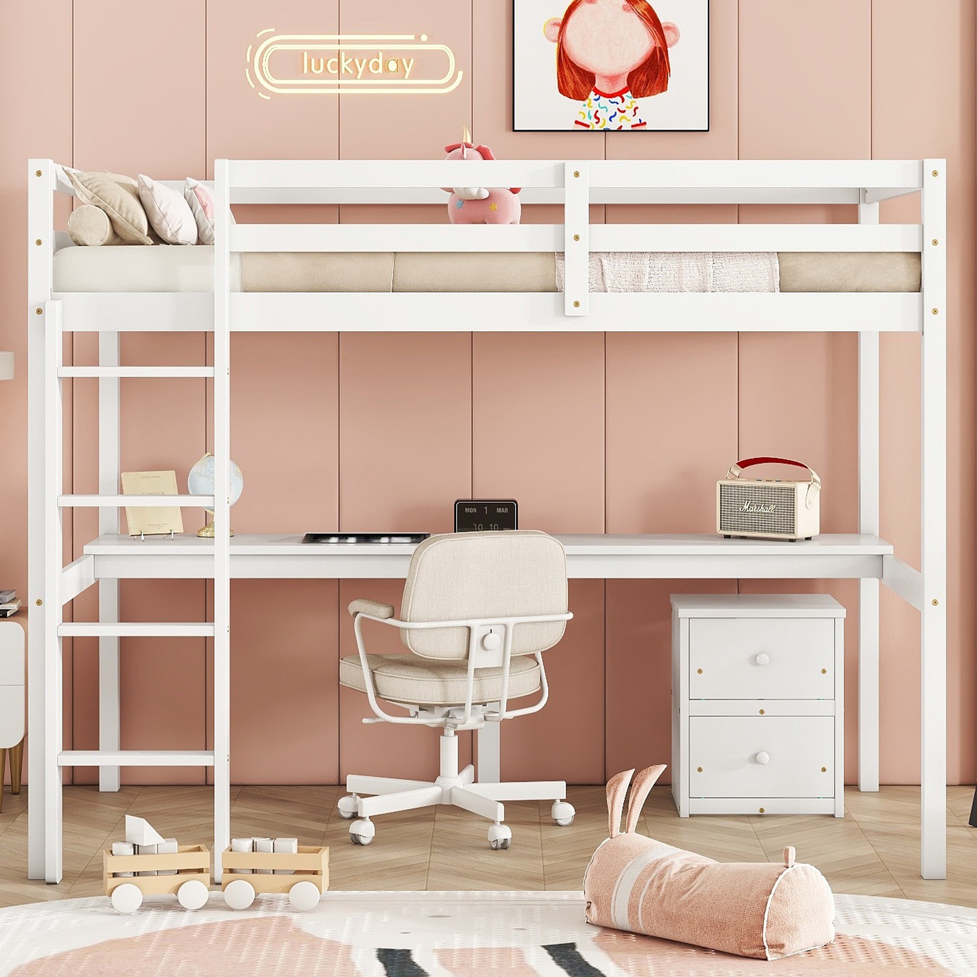 HAOYYE Twin Loft Wood Bed with Under-Bed Built-In Desk and Two-Drawer Storage Cabinet, Guardrails, and Ladder, White Sturdy Space-Saving Design, Heavy Duty Construction, Easy Assembly, Durable Stylish Home Furniture