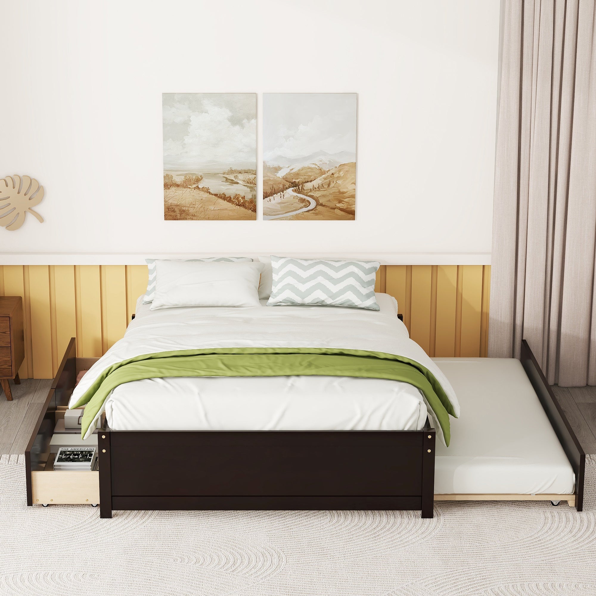 HAOYYE Full Bed With Trundle And Two Storage Drawers, Espresso Wood Platform Bed Frame, Space-Saving Heavy Duty Design, Modern Style For Bedroom Or Dorm Room, Easy Assembly