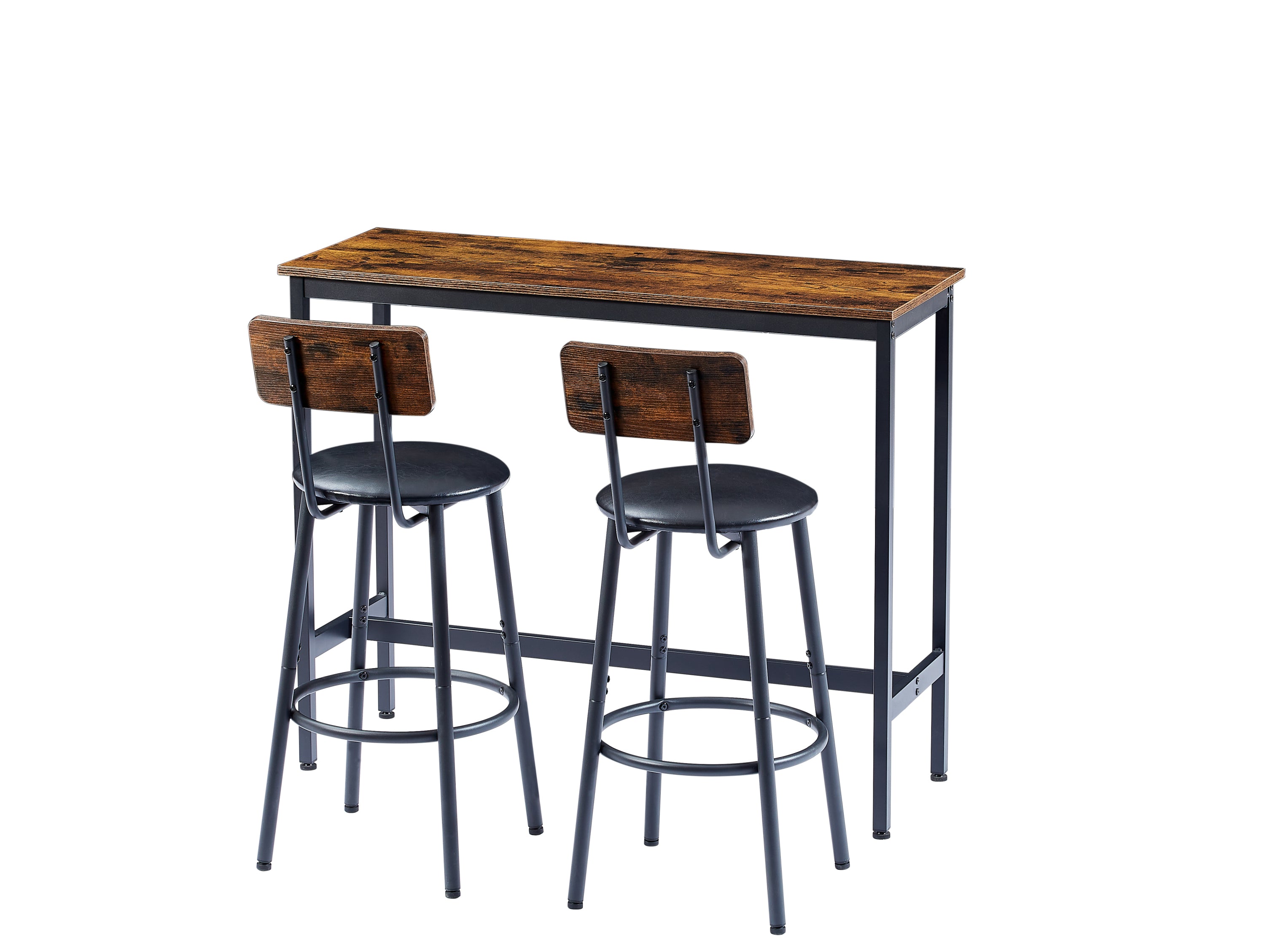 HAOYYE Bar Table Set with 2 Bar stools PU Soft seat with backrest, Rustic Brown, 43.31'' L x 15.75'' W x 35.43'' H. Sturdy Space-Saving Heavy Duty Modern Design Adults Dorm Room Easy Assembly