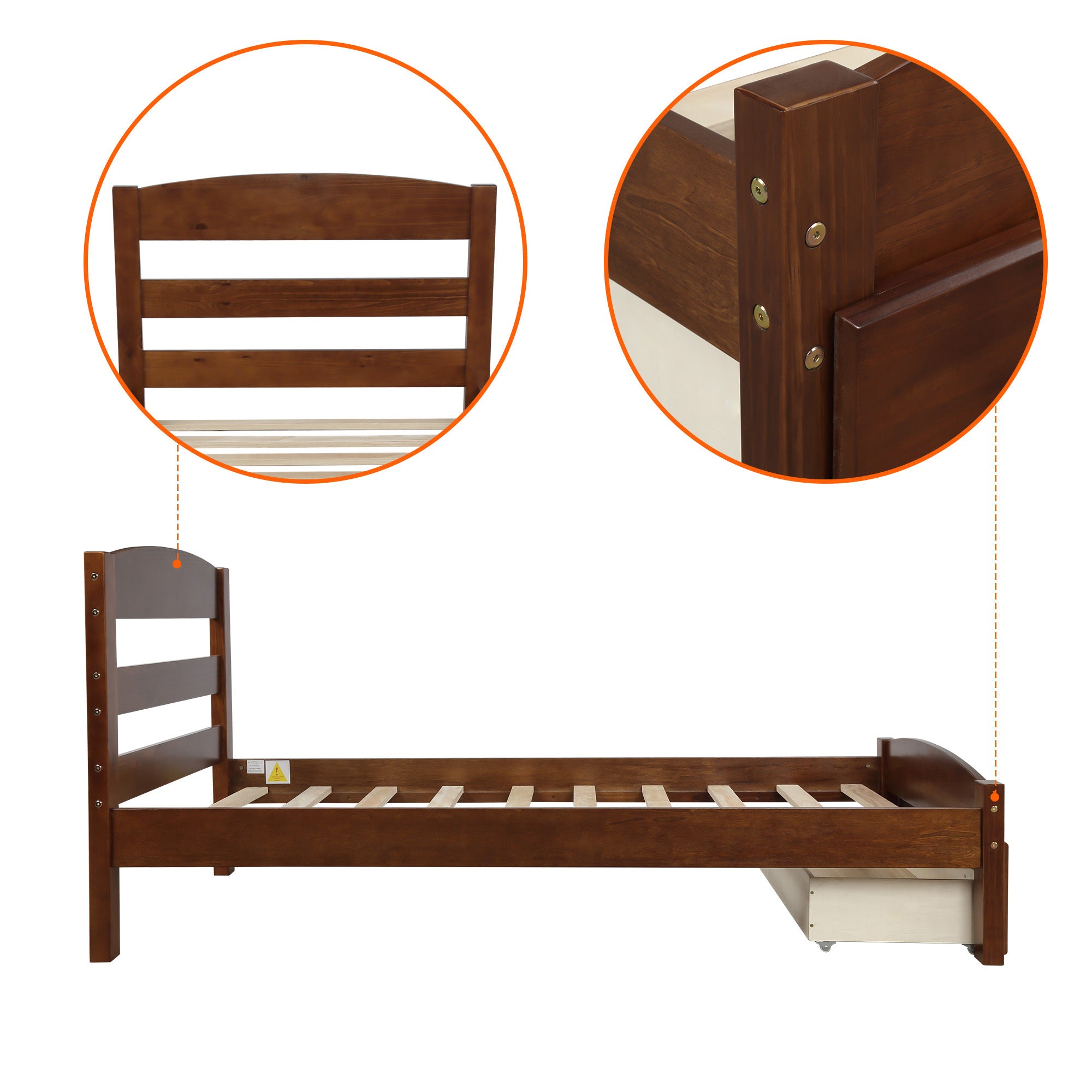 HAOYYE Twin Bed Frame with Storage Drawer and Wood Slat Support, Walnut, Sturdy Space-Saving Design, Heavy Duty Construction, Easy Assembly, Durable and Stylish Home Furniture, Versatile for Bedroom Use