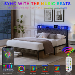 HAOYYE Full Bed Frame with Storage Headboard, Charging Station and LED Lights, Upholstered Platform Bed with Heavy Metal Slats, No Box Spring Needed, Noise Free, Easy Assembly, Dark Gray Sturdy Space-Saving