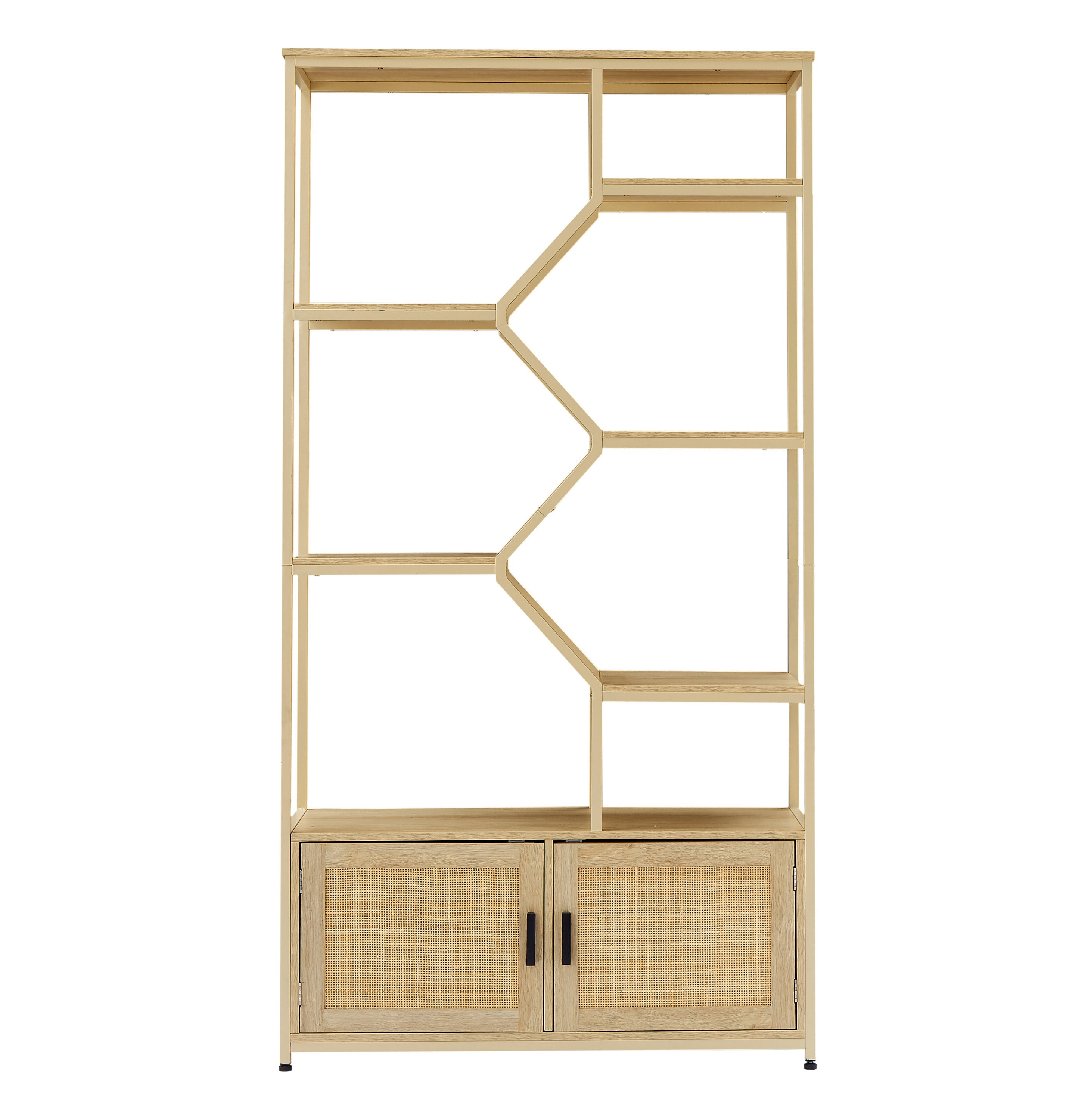 HAOYYE Rattan bookshelf 7 tiers Bookcases Storage Rack with cabinet for Living Room Home Office, Natural, 39.4'' W x 13.8'' D x 75.6'' H. Sturdy Space-Saving Heavy Duty Modern Design Adults Dorm Room