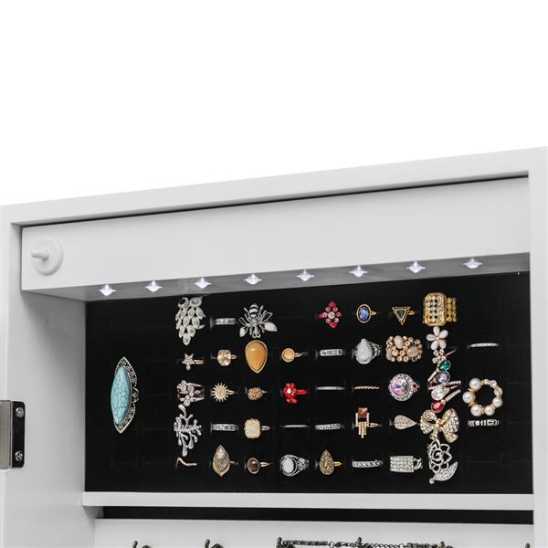 HAOYYE Wall Mounted Jewelry Cabinet with Mirror and Blue LED Lights, 4-Layer Storage Shelves and 6 Drawers, White Wooden Lockable Jewelry Organizer Armoire with Elegant Design