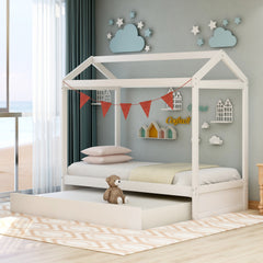 HAOYYE House Bed with Trundle, can be Decorated,White(Old SKU:SM000103AAK) Sturdy Space-Saving Heavy Duty Modern Design Adults Dorm Room Easy Assembly Bedroom Furniture
