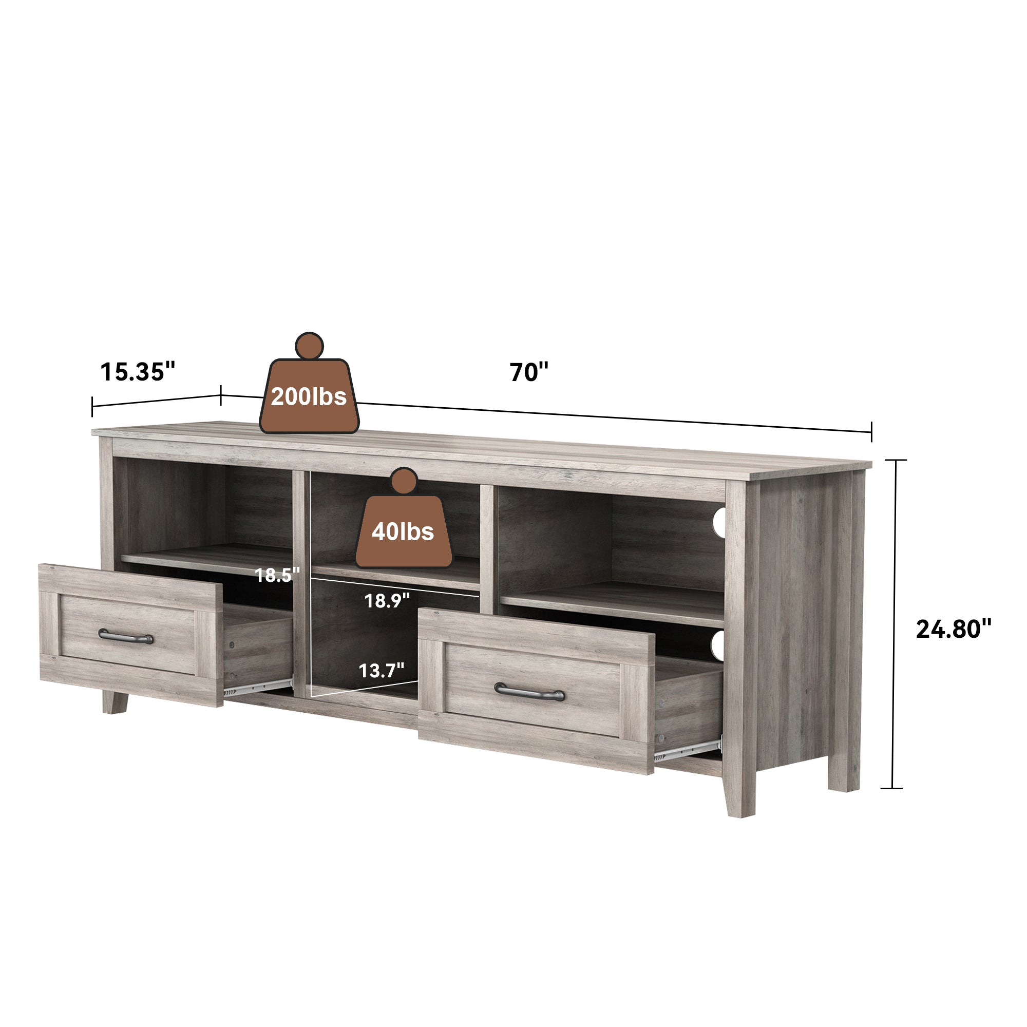 HAOYYE TV Stand for Living Room and Bedroom, with Two Drawers and Four Storage Compartments, Grey Walnut, Sturdy Space-Saving Design, Heavy Duty Construction, Easy Assembly, Durable and Stylish Home Furniture