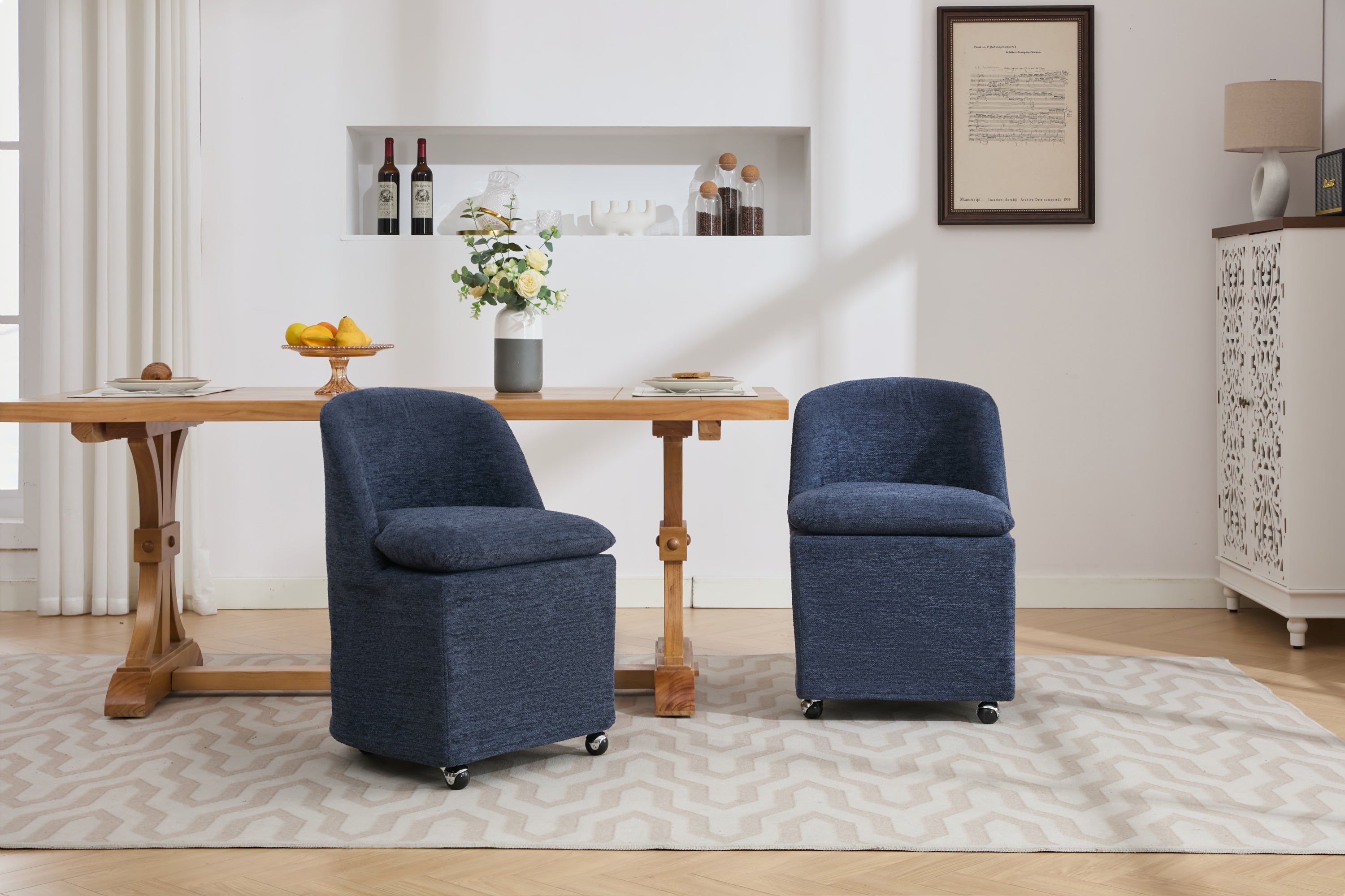 HAOYYE 058-Set of 2 Chenille Fabric Dining Chairs With Universal Wheels,Blue Sturdy Space-Saving Heavy Duty Modern Design Adults Dorm Room Easy Assembly Bedroom Furniture