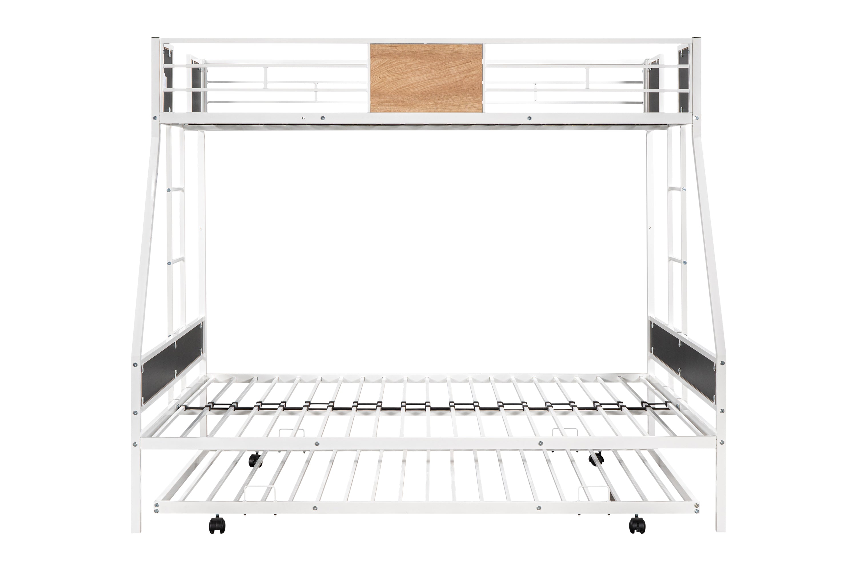 HAOYYE Metal Twin over Full Bunk Bed with Trundle/ Heavy-duty Sturdy Metal/ Noise Reduced/ Safety Guardrail/ Wooden Decoration/ Convenient Trundle / Bunk Bed for Three/ CPC Certified/ No Box Spring Needed