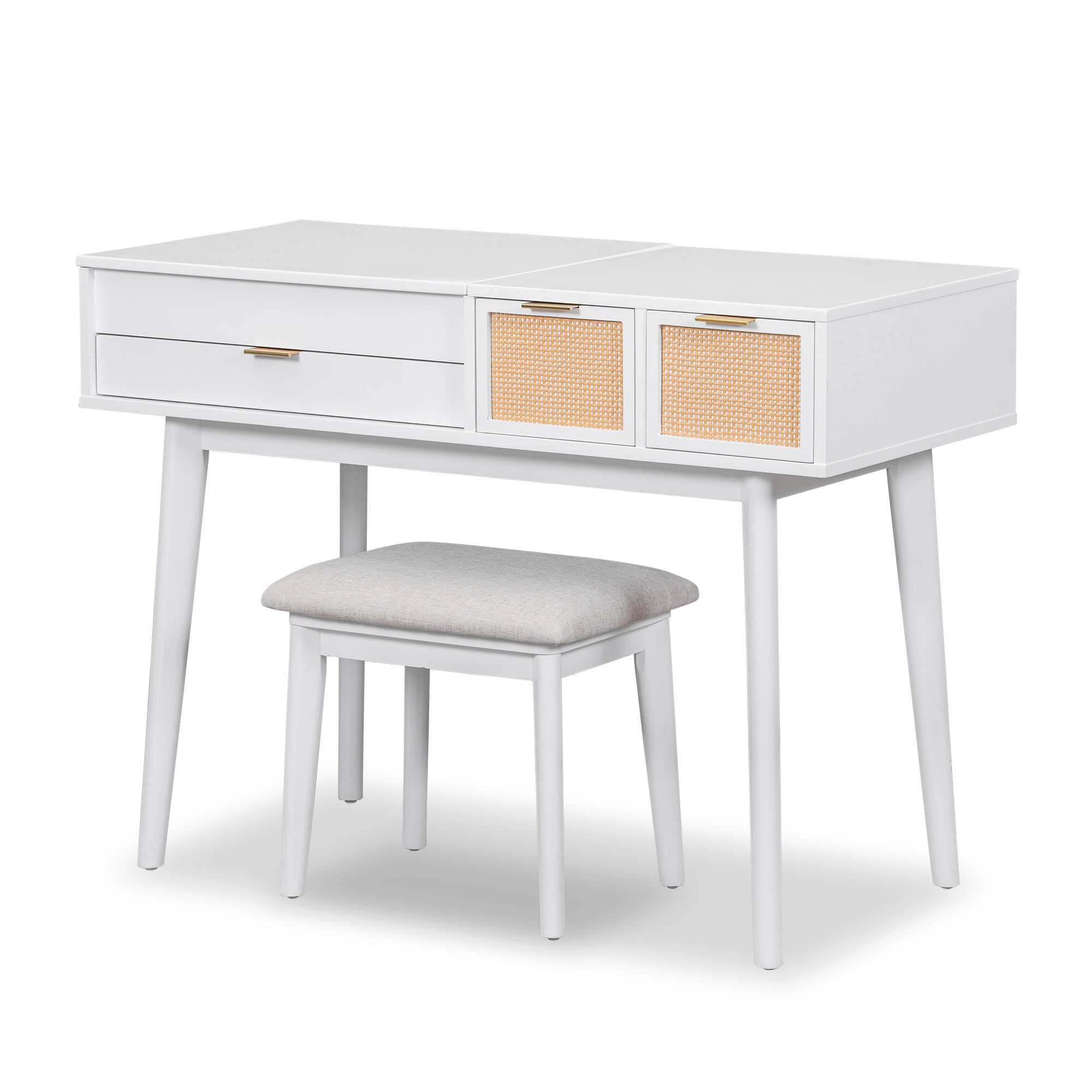 HAOYYE Classic Wood Makeup Vanity Set with Flip-top Mirror and Stool, Dressing Table with Three Drawers and Storage Space, White Modern Design, Luxury Style, Durable Material, Space-saving