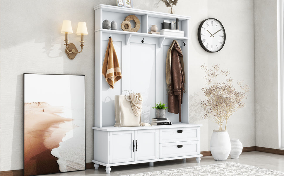 HAOYYE Modern White Hall Tree with Storage Cabinet, 2 Large Drawers, and 5 Coat Hooks, Sturdy Space-Saving Mudroom Bench, Heavy Duty Design for Adults
