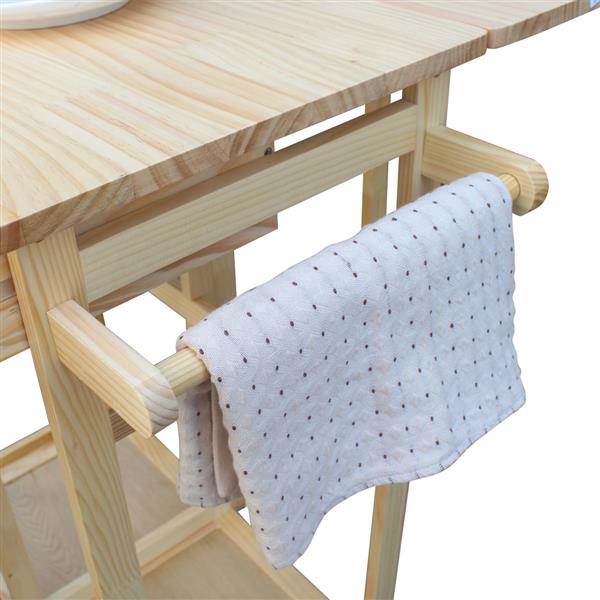 HAOYYE Square Solid Wood Folding Dining Cart with 2 Free Stools Expandable Drop Leaf Table with Drawers and Wheels for Small Spaces