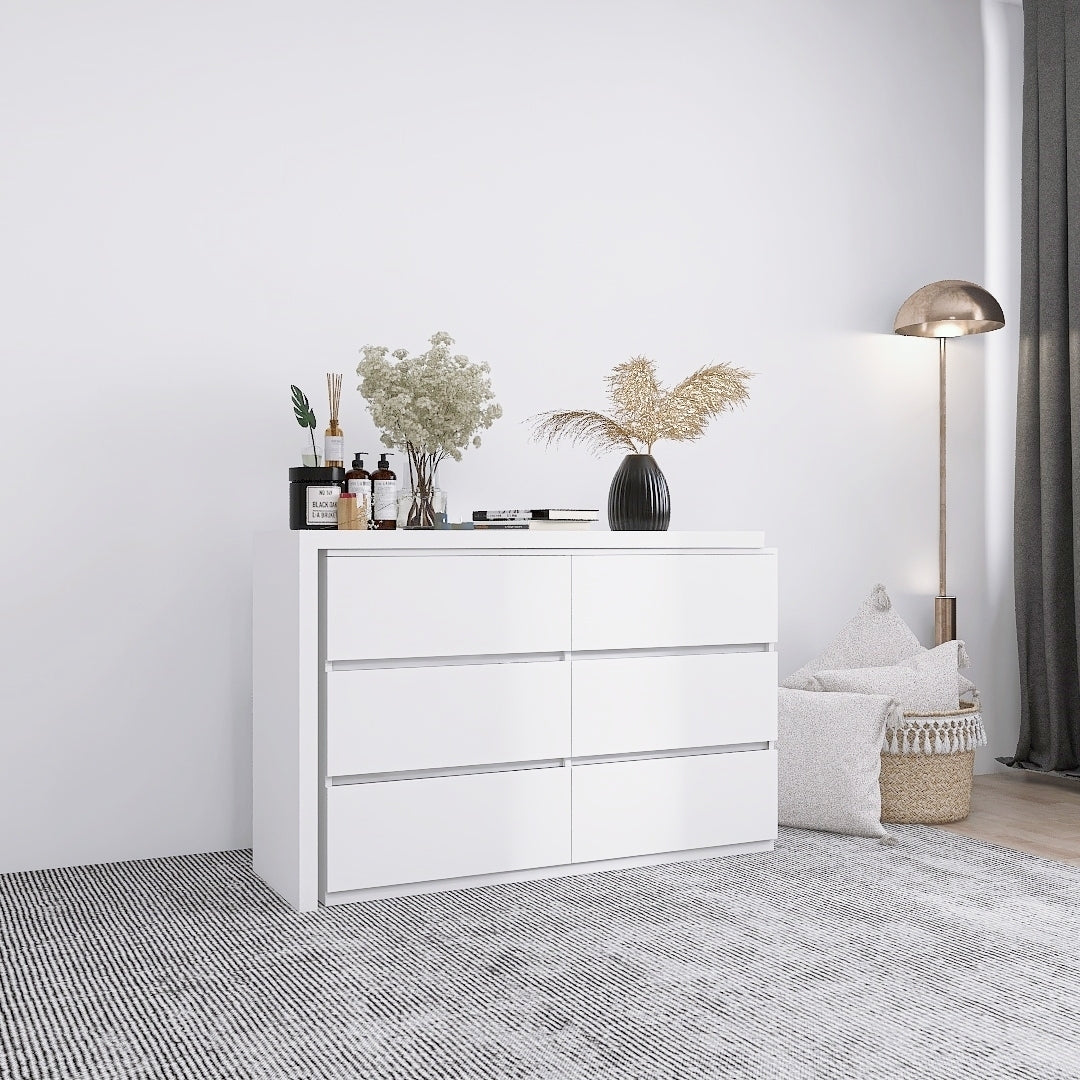 HAOYYE Extended Desktop 6-Drawer Dresser, White Modern Chest without Handles, Sturdy Space-Saving Design, Heavy Duty Construction, Ideal for Bedroom, Vanity, Dorm Room, Easy Assembly