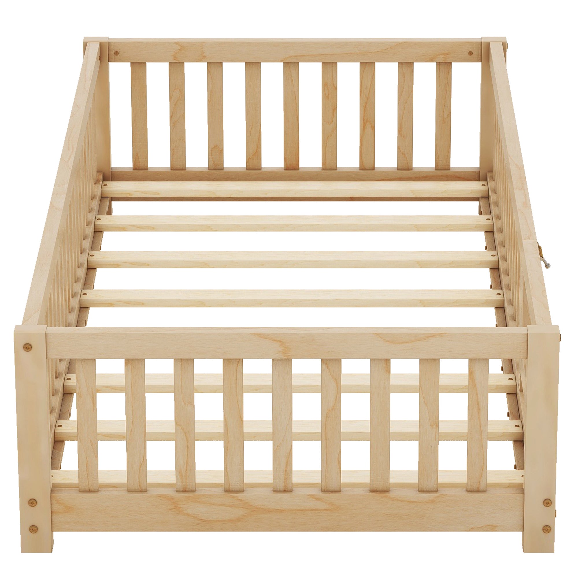 HAOYYE Twin Size Bed Floor Bed with Safety Guardrails and Door for , Natural(Old SKU: W158090686) Sturdy Space-Saving Heavy Duty Modern Design Adults Dorm Room Easy Assembly Bedroom Furniture