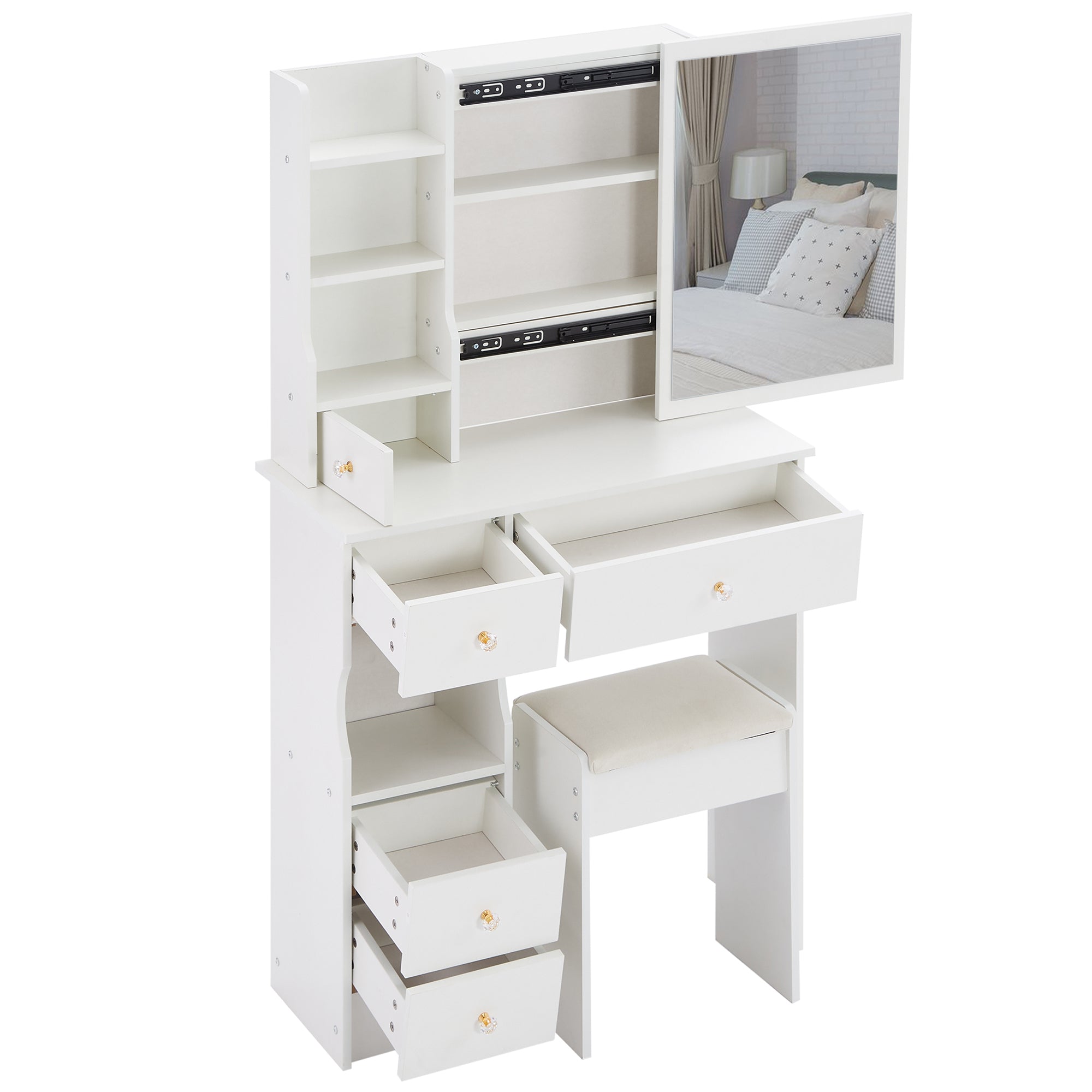 HAOYYE Small Size Left Drawer Desktop Vanity Table + Cushioned Stool, Extra Large Sliding Mirror, Multi Layer, High Capacity Storage Fashionable Dresser, Suitable for Small Space, EPA,GCC,UL Certificate