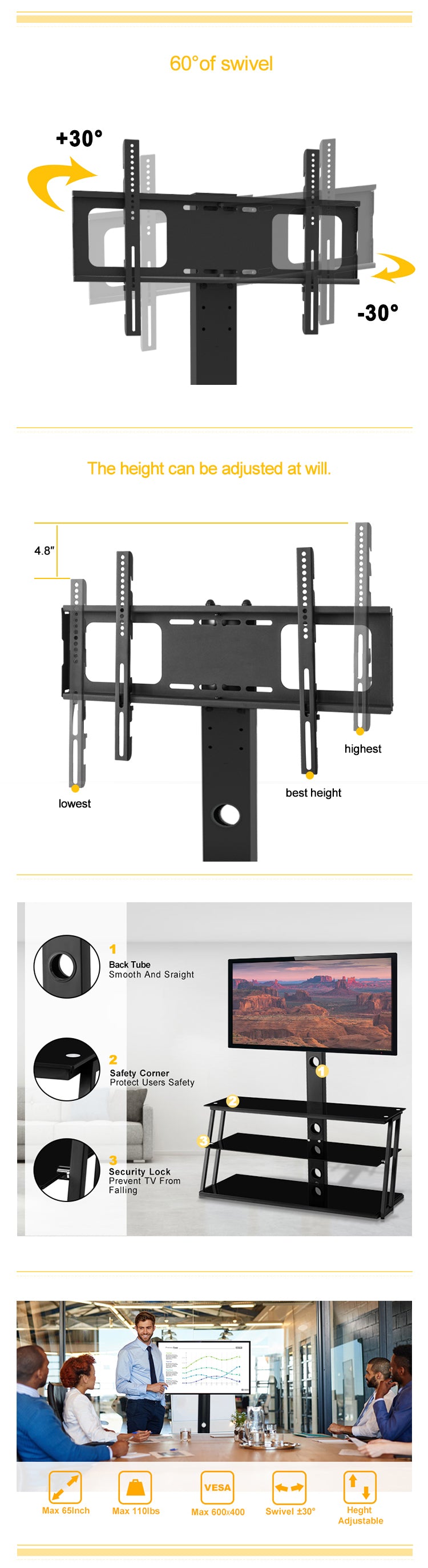 HAOYYE Black Multi-Function Angle And Height Adjustable Tempered Glass TV Stand Sturdy Space-Saving Heavy Duty Modern Design Easy Assembly Durable Stylish Home Furniture Versatile