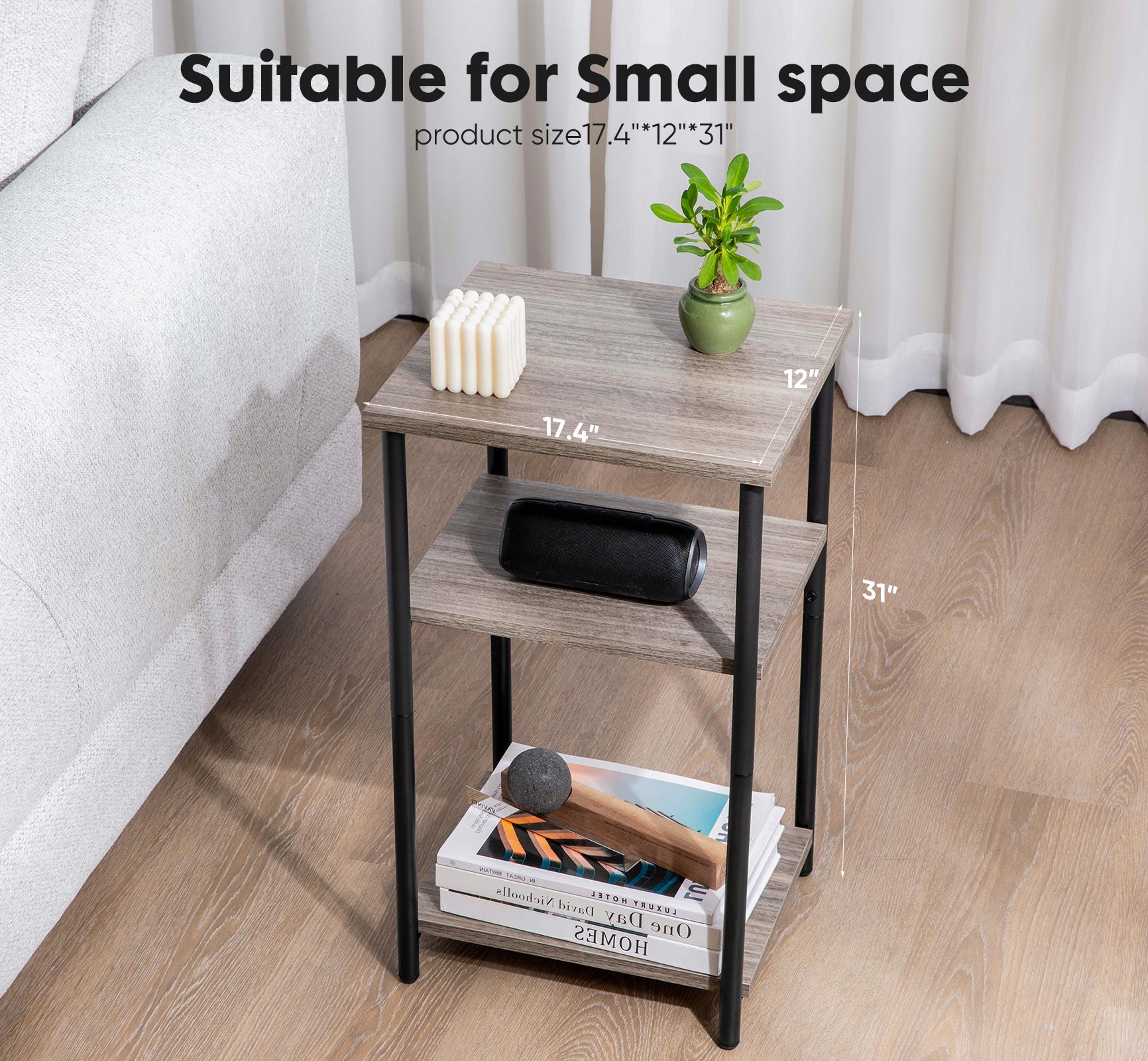 HAOYYE 3-Tier End Table Side Table with Adjustable Feet, Compact Nightstand, Space-Saving Design for Bedroom, Living Room, Office, Sturdy Heavy-Duty Construction, Modern Design, Easy Assembly, Ideal for Adults and Dorm Rooms