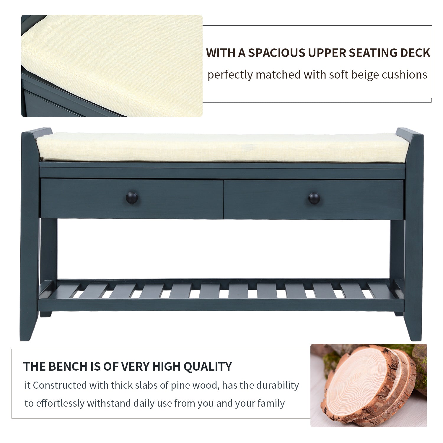 HAOYYE Shoe Rack with Cushioned Seat and Drawers, Multipurpose Entryway Storage Bench, Antique Navy, Sturdy Space-Saving Design, Heavy Duty Construction, Easy Assembly, Durable and Stylish Home Furniture, Versatile for Hallway or Bedroom Use