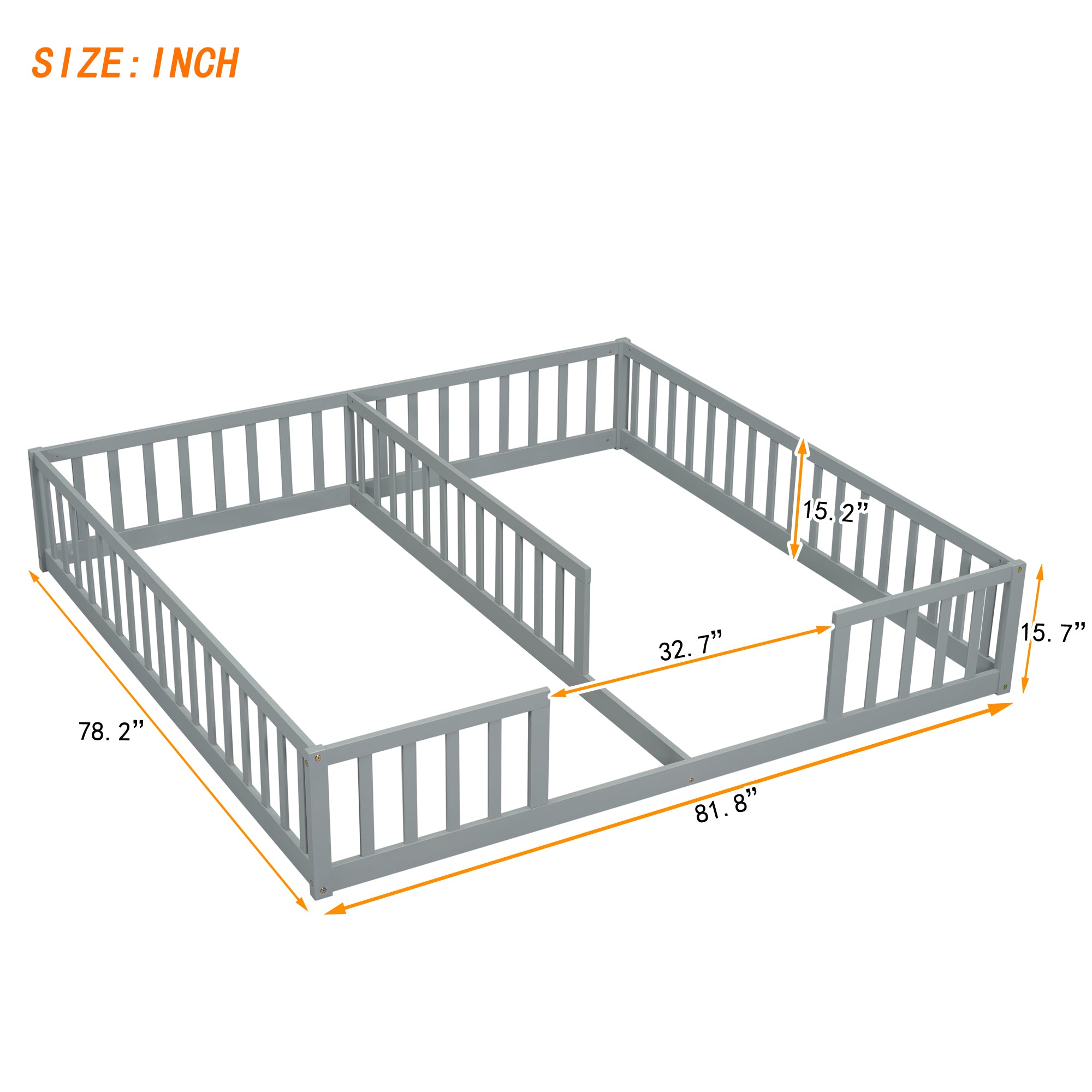 HAOYYE Double Twin Floor Bed with Fence, Guardrails, without door, Grey Sturdy Space-Saving Heavy Duty Modern Design Easy Assembly Durable Stylish Home Furniture Versatile
